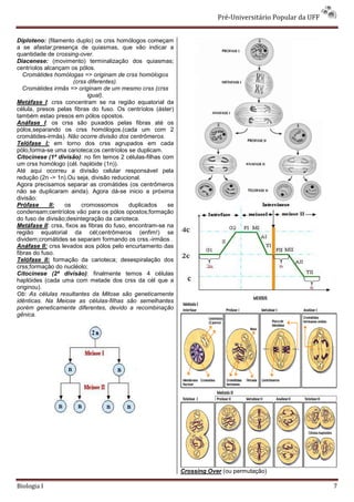 Pré-Universitário Popular da UFF


Diploteno: (filamento duplo) os crss homólogos começam
a se afastar;presença de quiasmas, que vão indicar a
quantidade de crossing-over.
Diacenese: (movimento) terminalização dos quiasmas;
centríolos alcançam os pólos.
   Cromátides homólogas => originam de crss homólogos
                      (crss diferentes).
   Cromátides irmãs => originam de um mesmo crss (crss
                            igual).
Metáfase I: crss concentram se na região equatorial da
célula, presos pelas fibras do fuso. Os centríolos (áster)
também estao presos em pólos opostos.
Anáfase I: os crss são puxados pelas fibras até os
pólos,separando os crss homólogos.(cada um com 2
cromátides-irmãs). Não ocorre divisão dos centrômeros.
Telófase I: em torno dos crss agrupados em cada
pólo,forma-se uma carioteca;os centríolos se duplicam.
Citocinese (1ª divisão): no fim temos 2 células-filhas com
um crss homólogo (cél. haplóide (1n)).
Até aqui ocorreu a divisão celular responsável pela
redução (2n -> 1n).Ou seja, divisão reducional.
Agora precisamos separar as cromátides (os centrômeros
não se duplicaram ainda). Agora dá-se inicio a próxima
divisão:
Prófase      II:  os     cromossomos        duplicados   se
condensam;centríolos vão para os pólos opostos;formação
do fuso de divisão;desintegração da carioteca.
Metáfase II: crss, fixos as fibras do fuso, encontram-se na
região equatorial da cél;centrômeros (enfim!) se
dividem;cromátides se separam formando os crss.-irmãos .
Anáfase II: crss levados aos pólos pelo encurtamento das
fibras do fuso.
Telófase II: formação da carioteca; desespiralação dos
crss;formação do nucléolo;
Citocinese (2ª divisão): finalmente temos 4 células
haplóides (cada uma com metade dos crss da cél que a
originou).
Ob: As células resultantes da Mitose são geneticamente
idênticas. Na Meiose as células-filhas são semelhantes
porém geneticamente diferentes, devido a recombinação
gênica.




                                                              Crossing Over (ou permutação)

Biologia I                                                                                                   7
 