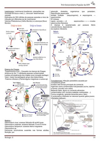 Pré-Universitário Popular da UFF


Leishimania: Leishmania brasiliensis: ulcerações nas       absorção      diretados   organismos     que  parasitam;
mucosas da boca e nariz; L. donovani: leishmaniose         Reprodução assexuada:
visceral                                                   divisão múltipla      (esquizogonia), e esporogonia →
Estimativa de 350 milhões de pessoas expostas a risco de   esporozoítos
infecção por diferentes sp de Leishmania;                  R! mitoses
Vetores:Phlebotomus (Velho Mundo) e Lutzomyia (Novo        zigoto→encista→→4              esporozoítos→→→→muitos
Mundo).                                                    esporozoítos liberados
                                                           A doença é caracterizada por acessos febris
                                                           característicos, dependendo
                                                           da espécie infectante.




Doença de Chagas
Trypamosoma cruzi – Causador da doença de Chagas
América do Sul: 7 milhõesde pessoas contaminadas.
Lesões principalmente dos órgãos ocos (coração,esofago)
Vetor: inseto hematófagodo grupo dos triatomídeos:
Triatoma infestans (Panstrongylus megistuse e outras sp)
                                                           Toxoplasmose: Infecção parasitária causada por
                                                           Toxoplasma gondii.
                                                           Existem três formas principais de contrai-la:
                                                           Ingerindo carne contaminada mal-passada (suína, caprina
                                                           e bovina, avícola) com cistos;
                                                           Bebendo (leite, água) ou comendo alimentos
                                                           contaminados com oocistos (saladas mal-lavadas ...);
                                                           Forma congênita, (grávida transmite para o feto).
                                                           O protozoário é liberado na natureza quando gatos jovens
                                                           infectados defecam.




Malária :
Plasmodium vivax: acessos febrisde 48 em48 horas
Plasmodium malariae: acessos febrisde 72 em72 horas
Plasmodium falciparum: acessos febris irregulares
Plasmodium sp
Estruturas locomotoras ausentes nas formas adultas;
Nutrição: por


Biologia II                                                                                                      14
 