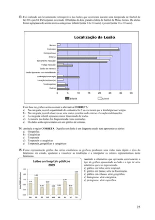 25
13. Foi realizado um levantamento retrospectivo das lesões que ocorreram durante uma temporada de futebol de
fev/03 a jan/04. Participaram do estudo 110 atletas de dois grandes clubes de futebol de Minas Gerais. Os atletas
foram agrupados de acordo com as categorias: infantil (entre 14 e 16 anos) e juvenil (entre 16 e 18 anos).
Com base no gráfico acima assinale a alternativa CORRETA:
a) Na categoria juvenil a quantidade de contusões foi 3 vezes menor que a lombalgia/cervicalgia.
b) Na categoria juvenil observou-se uma maior ocorrência de entorse e luxações/subluxações.
c) A categoria infantil apresenta maior diversidade de lesões.
d) A maioria das lesões foi diagnosticada como contusões.
e) Os dados estão apresentados em um gráfico de colunas.
14. Assinale a opção CORRETA. O gráfico em linha é um diagrama usado para apresentar as séries:
a) Geográfica
b) Categóricas
c) Temporais
d) Temporais e categóricas
e) Temporais, geográficas e categóricas
15. Como representação gráfica das séries estatísticas os gráficos produzem uma visão mais rápida e viva do
fenômeno em estudo, ajudando a visualizar as tendências e a interpretar os valores representativos deste
fenômeno.
Assinale a alternativa que apresenta corretamente o
tipo de gráfico apresentado ao lado e o tipo de série
estatística que está representada.
a) gráfico em linha; série temporal.
b) gráfico em barras; série de localização.
c) gráfico em colunas; série geográfica.
d) histograma; série categórica.
e) pictograma; série específica.
Localização da Lesão
0 5 10 15 20 25 30 35
Outras
Tendinopatias
Luxação/subluxação
Lombalgia/cervicalgia
Lesão ligamento com instabilidade
Lesão de menisco
Fadiga muscular
Estiramento muscular
Entorse
Cortocontusa
Contusão
Bursite
Infantil Juvenil
 