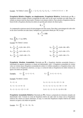 29
Exemplo: Na Tabela 3, temos: 20113384fffffff 654321
6
1i
i 

Frequência Relativa Simples, ou simplesmente, Frequência Relativa: Simbolizada por fri, a
frequência relativa simples fornece a proporção de cada valor ou de casos ocorridos em cada classe, em
relação ao número total de observações. Portanto é um número relativo. Para calcular a frequência relativa,
basta dividir a frequência absoluta da ordem em questão pelo número de observações.
n
f
fr i
i 
As comparações expressas através de porcentagem são mais usuais. Para obter a porcentagem de cada valor
ou de casos ocorridos em cada classe, multiplica-se o quociente obtido por 100, ou seja:
100
n
f
fr i
i 
Nota: 


k
1i
i 1fr ou 100%
Exemplo: Na Tabela 3, temos:
20100200
20
4
20
f
fr 1
1  , %  100400
20
8
20
f
fr 2
2 , 40%
15100150
20
3
20
f
fr 3
3  , % 15100150
20
3
20
f
fr 4
4  , %
5100050
20
1
20
f
fr 5
5  , % 5100050
20
1
20
f
fr 6
6  , %
Frequência Absoluta Acumulada: Denotada por Fi, a frequência absoluta acumulada fornece a
informação de quantos elementos se situam até determinado valor. A frequência acumulada do i-ésimo
valor ou i-ésima classe (frequência acumulada de ordem i) é obtida somando-se a frequência desse valor
ou classe com as frequências anteriores, ou seja, é a soma de todas as frequências de ordens menores ou
igual a da ordem em questão.
Exemplo: F3 = 

3
1i
fi = f1 + f2 + f3 F4 = 

4
1i
fi = f1 + f2 + f3 + f4
Exemplo: Na tabela 3, temos:
F1 = f1 = 4 F4 = f1 + f2 + f3 + f4 = 15 + 3 = 18
F2 = f1 + f2 = 4 + 8 = 12 F5 = f1 + f2 + f3 + f4 + f5 = 18 + 1 = 19
F3 = f1 + f2 + f3 = 12 + 3 = 15 F6=f1 + f2 + f3 + f4 + f5 + f6=19+1=20
Frequência Acumulada Relativa: Denotada por Fri, fornece a proporção de elementos situados até
determinado valor. Consiste na soma da frequência relativa de cada valor ou classe com as frequências
relativas dos valores ou classes anteriores, ou seja, é a soma das frequências simples relativas de ordens
menores ou iguais a da ordem em questão.
Exemplo: Fr3 = 

3
1i
fri = fr1 + fr2 + fr3
 