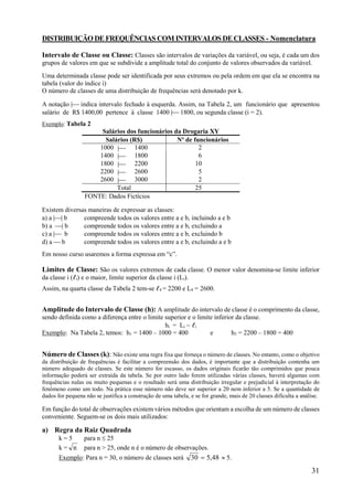 31
DISTRIBUIÇÃO DE FREQUÊNCIAS COM INTERVALOS DECLASSES - Nomenclatura
Intervalo de Classe ou Classe: Classes são intervalos de variações da variável, ou seja, é cada um dos
grupos de valores em que se subdivide a amplitude total do conjunto de valores observados da variável.
Uma determinada classe pode ser identificada por seus extremos ou pela ordem em que ela se encontra na
tabela (valor do índice i)
O número de classes de uma distribuição de frequências será denotado por k.
A notação | indica intervalo fechado à esquerda. Assim, na Tabela 2, um funcionário que apresentou
salário de R$ 1400,00 pertence à classe 1400 | 1800, ou segunda classe (i = 2).
Exemplo: Tabela 2
Salários dos funcionários da Drogaria XY
Salários (R$) Nº de funcionários
1000 | 1400 2
1400 | 1800 6
1800 | 2200 10
2200 | 2600 5
2600 | 3000 2
Total 25
FONTE: Dados Fictícios
Existem diversas maneiras de expressar as classes:
a) a || b compreende todos os valores entre a e b, incluindo a e b
b) a | b compreende todos os valores entre a e b, excluindo a
c) a | b compreende todos os valores entre a e b, excluindo b
d) a  b compreende todos os valores entre a e b, excluindo a e b
Em nosso curso usaremos a forma expressa em “c”.
Limites de Classe: São os valores extremos de cada classe. O menor valor denomina-se limite inferior
da classe i (ℓi) e o maior, limite superior da classe i (Li).
Assim, na quarta classe da Tabela 2 tem-se ℓ4 = 2200 e L4 = 2600.
Amplitude do Intervalo de Classe (h): A amplitude do intervalo de classe é o comprimento da classe,
sendo definida como a diferença entre o limite superior e o limite inferior da classe.
hi = Li  ℓi
Exemplo: Na Tabela 2, temos: h1 = 1400 – 1000 = 400 e h3 = 2200 – 1800 = 400
Número de Classes (k): Não existe uma regra fixa que forneça o número de classes. No entanto, como o objetivo
da distribuição de frequências é facilitar a compreensão dos dados, é importante que a distribuição contenha um
número adequado de classes. Se este número for escasso, os dados originais ficarão tão comprimidos que pouca
informação poderá ser extraída da tabela. Se por outro lado forem utilizadas várias classes, haverá algumas com
frequências nulas ou muito pequenas e o resultado será uma distribuição irregular e prejudicial à interpretação do
fenômeno como um todo. Na prática esse número não deve ser superior a 20 nem inferior a 5. Se a quantidade de
dados for pequena não se justifica a construção de uma tabela, e se for grande, mais de 20 classes dificulta a análise.
Em função do total de observações existem vários métodos que orientam a escolha de um número de classes
conveniente. Seguem-se os dois mais utilizados:
a) Regra da Raiz Quadrada
k = 5 para n  25
k = n para n > 25, onde n é o número de observações.
Exemplo: Para n = 30, o número de classes será 48,530   5.
 