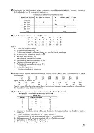 39
17. Foi realizada uma pesquisa sobre os anos de estudo entre Funcionários da Clínica Happy. Complete a distribuição
de frequência dos anos de estudo destes funcionários.
Anos de Estudo de 60 funcionários da Clínica Happy
Tempo de estudo Nº de funcionários Fi Porcentagem Fri (%)
8 anos 6 10
11 anos 18
12 anos 39
14 anos 20
16 anos
Total - 100 -
18. Os dados a seguir referem-se às notas de 50 alunos:
60 85 33 52 65 77 84 65 74 57
71 35 81 50 35 64 74 47 54 68
80 61 41 91 55 73 59 53 77 45
71 55 78 48 69 85 67 39 60 76
94 98 66 66 73 42 65 94 88 89
Pede-se:
a) O diagrama de ramos-e-folhas
b) A amplitude total da amostra (A ).
c) O número de classes (k), pela regra da raiz, para uma distribuição por classes.
d) A amplitude das classes pela fórmula h =
e) As classes (valor inicial = 30).
f) As frequências absolutas das classes (f ).
g) As frequências relativas percentuais (f (%))
h) Os pontos médios das classes (x ).
i) As frequências acumuladas das classes (F ).
j) O histograma.
k) O polígono de frequências.
l) O polígono de frequências acumuladas.
19. Segue abaixo as notas de Pesquisa de Hábitos de Estudos e Atitudes (PHEA) para 18 alunas do primeiro ano de
uma faculdade:
154 109 137 115 152 140 154 178 101
103 126 126 137 165 165 129 200 148
e para 20 alunos do primeiro ano
108 140 114 91 180 115 126 92 169 146
109 132 75 88 113 151 70 115 187 104
Faça um ramo-e-folhas face-a-face destes dados (faça um ramo único para homens e mulheres, coloque a folhas
dos alunos de um lado e das alunas do outro).
20. A tabela abaixo apresenta os salários de 90 funcionários da Indústria HeleStar S/A.
Salários dos Funcionários da Indústria HeleStar S/A
julho/2012
Classes Salários Mínimos fi
1 1 | 3 40
2 3 | 5 30
3 5 | 7 10
4 7 | 9 5
5 9 | 11 5
Total 90
a) Determine as frequências simples relativas, as frequências absolutas acumuladas e as frequências relativas
acumuladas.
b) Quantos funcionários ganham menos de 3 salários mínimos?
c) Qual a percentagem de operários com salário entre 5 e 7 salários mínimos?
d) Qual a percentagem de operários com salário inferior a 7 salários mínimos?
e) Qual a classe do 30º salário? E do 45º salário?
f) Construa o histograma e o polígono de frequência.
 