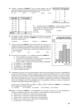 48
4. Assinale a alternativa CORRETA. Em um estudo realizado com 100
pacientes portadores de asma foram registrados no mês de março os dados:
Neste mês, o número médio de crises, por paciente, foi:
b) 1,0 b) 1,2 c) 1,5 d) 2,0 e) 2,5
5. Assinale a alternativa CORRETA. A tabela ao lado é referente
aos pesos de 105 crianças que frequentam uma creche pública.
O peso médio das crianças da creche é:
a) 8,0 kg b) 8,6 kg c) 9,4 kg
d) 12,1 kg e) 13,0 kg
6. O histograma, a seguir, apresenta a altura média de 20 atletas de uma equipe
de natação. Assinale a alternativa CORRETA. Com base nos dados do
histograma a altura média é:
a) 180 cm b) 182 cm c) 184 cm d) 185 cm
7. Assinale a alternativa CORRETA. Entre os funcionários de uma clínica, foi
retirada uma amostra de dez indivíduos. Os números que representam as
ausências ao trabalho registradas para cada um deles, no último ano, são: {0;
0; 0; 2; 2; 2; 4; 4; 6; 10}. Sendo assim, o valor do desvio padrão desta amostra
é, aproximadamente:
a) 2 b) 3 c) 9 d) 10 e) 30
8. De acordo com as sentenças 1, 2 e 3, responda a alternativa CORRETA:
1. O desvio padrão nunca poderá ser negativo.
2. O coeficiente de variação pode ser usado em análise comparativa
de duas ou mais amostras de grandezas diferentes.
3. O desvio padrão e a variância são a mesma medida de variabilidade.
a) As sentenças 1 e 2 são verdadeiras.
b) As sentenças 2 e 3 são verdadeiras.
c) As sentenças 1 e 3 são verdadeiras.
d) Todas as sentenças são verdadeiras.
e) Todas as sentenças são falsas.
9. A lombalgia é a dor que ocorre nas regiões lombares inferiores da coluna lombar. Ela pode ser acompanhada de
dor que se irradia para uma ou ambas as nádegas ou para as pernas na distribuição do nervo ciático. Estudos
revelam que, com o tratamento, os sinais de melhora aparecem de 1 semana a 8 semanas e os casos mais graves
apresentam sintomas por mais de 6 meses. Exercícios aeróbicos leves durante as primeiras 2 semanas, seguido
por exercícios musculares do tronco, auxiliam no tratamento. Tomando-se uma amostra de 5 indivíduos que
sofrem com lombalgia e que foram acompanhados por um especialista verificou-se o número de semanas de
tratamento até que apresentaram melhora. Obteve-se:
2 2 4 5 7
Verifica-se que o tratamento dura, em média, 4 semanas. Assinale a alternativa CORRETA. A variabilidade
(desvio padrão) em torno dessa média é:
a) 2 semanas b) 2,5 semanas c) 3 semanas d) 3,5 semanas e) 4,5 semanas
10. Marque a alternativa CORRETA. A homogeneidade de uma série de valores ou de uma distribuição de
frequências é dada pela razão entre o desvio padrão e a média aritmética. Podemos afirmar que :
a) Quanto maior o coeficiente de variação maior homogeneidade.
b) Quanto menor o coeficiente de variação menor homogeneidade.
c) Quanto menor o coeficiente de variação maior a homogeneidade.
d) Quando o desvio padrão é igual a média menor a homogeneidade.
e) As alternativa "a" e "b" estão corretas.
Nº de crises Nº de pacientes
0 14
1 18
2 32
3 29
4 5
5 2
TOTAL 100
Pesos (kg) Nº de crianças
6 | 8 8
8 | 10 25
10 | 12 18
12 | 14 22
14 | 16 20
16 | 18 10
18 | 20 2
TOTAL 105
ALTURA DOS ATLETAS
DA EQUIPE DE NATAÇÃO
0
1
2
3
4
5
6
7
8
9
ALTURA (cm)
Nº de
Atletas
160 170 180 190 200
 