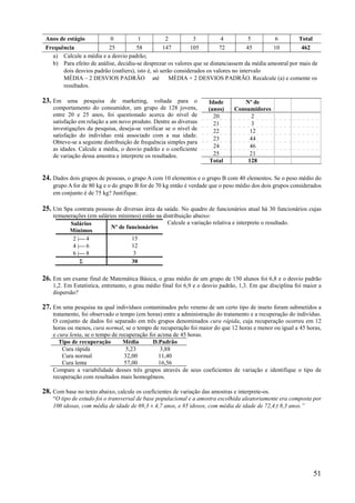 51
Anos de estágio 0 1 2 3 4 5 6 Total
Frequência 25 58 147 105 72 45 10 462
a) Calcule a média e a desvio padrão;
b) Para efeito de análise, decidiu-se desprezar os valores que se distanciassem da média amostral por mais de
dois desvios padrão (outliers), isto é, só serão considerados os valores no intervalo
MÉDIA – 2 DESVIOS PADRÃO até MÉDIA + 2 DESVIOS PADRÃO. Recalcule (a) e comente os
resultados.
23. Em uma pesquisa de marketing, voltada para o
comportamento do consumidor, um grupo de 128 jovens,
entre 20 e 25 anos, foi questionado acerca do nível de
satisfação em relação a um novo produto. Dentre as diversas
investigações da pesquisa, deseja-se verificar se o nível de
satisfação do indivíduo está associado com a sua idade.
Obteve-se a seguinte distribuição de frequência simples para
as idades. Calcule a média, o desvio padrão e o coeficiente
de variação dessa amostra e interprete os resultados.
24. Dados dois grupos de pessoas, o grupo A com 10 elementos e o grupo B com 40 elementos. Se o peso médio do
grupo A for de 80 kg e o do grupo B for de 70 kg então é verdade que o peso médio dos dois grupos considerados
em conjunto é de 75 kg? Justifique.
25. Um Spa contrata pessoas de diversas área da saúde. No quadro de funcionários atual há 30 funcionários cujas
remunerações (em salários mínimos) estão na distribuição abaixo:
Calcule a variação relativa e interprete o resultado.
26. Em um exame final de Matemática Básica, o grau médio de um grupo de 150 alunos foi 6,8 e o desvio padrão
1,2. Em Estatística, entretanto, o grau médio final foi 6,9 e o desvio padrão, 1,3. Em que disciplina foi maior a
dispersão?
27. Em uma pesquisa na qual indivíduos contaminados pelo veneno de um certo tipo de inseto foram submetidos a
tratamento, foi observado o tempo (em horas) entre a administração do tratamento e a recuperação do indivíduo.
O conjunto de dados foi separado em três grupos denominados cura rápida, cuja recuperação ocorreu em 12
horas ou menos, cura normal, se o tempo de recuperação foi maior do que 12 horas e menor ou igual a 45 horas,
e cura lenta, se o tempo de recuperação foi acima de 45 horas.
Tipo de recuperação Média D.Padrão
Cura rápida 5,23 3,88
Cura normal 32,00 11,40
Cura lenta 57,00 16,56
Compare a variabilidade desses três grupos através de seus coeficientes de variação e identifique o tipo de
recuperação com resultados mais homogêneos.
28. Com base no texto abaixo, calcule os coeficientes de variação das amostras e interprete-os.
“O tipo de estudo foi o transversal de base populacional e a amostra escolhida aleatoriamente era composta por
100 idosas, com média de idade de 69,3 ± 4,7 anos, e 85 idosos, com média de idade de 72,4 8,3 anos.”
Idade
(anos)
Nº de
Consumidores
20 2
21 3
22 12
23 44
24 46
25 21
Total 128
Salários
Mínimos
Nº de funcionários
2 | 4 15
4 | 6 12
6 | 8 3
 30
 