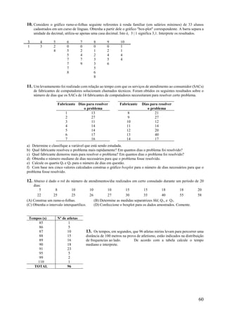 60
10. Considere o gráfico ramo-e-folhas seguinte referentes à renda familiar (em salários mínimos) de 33 alunos
cadastrados em um curso de línguas. Obtenha a partir dele o gráfico "box-plot" correspondente. A barra separa a
unidade da decimal, utiliza-se apenas uma casa decimal. Isto é, 3 | 1 significa 3,1. Interprete os resultados.
3 4 5 6 7 8 9 10
1 3 2 0 0 0 0 1
4 5 2 1 2 1
5 4 2 4 4
7 7 3 5 4
7 9 3 6
7 5
8 6
8
11. Um levantamento foi realizado com relação ao tempo com que os serviços de atendimento ao consumidor (SACs)
de fabricantes de computadores solucionam chamados técnicos. Foram obtidos os seguintes resultados sobre o
número de dias que os SACs de 14 fabricantes de computadores necessitaram para resolver certo problema.
Fabricante Dias para resolver
o problema
Fabricante Dias para resolver
o problema
1 13 8 21
2 27 9 27
3 11 10 12
4 14 11 14
5 14 12 20
6 17 13 40
7 16 14 17
a) Determine e classifique a variável que está sendo estudada.
b) Qual fabricante resolveu o problema mais rapidamente? Em quantos dias o problema foi resolvido?
c) Qual fabricante demorou mais para resolver o problema? Em quantos dias o problema foi resolvido?
d) Obtenha o número mediano de dias necessários para que o problema fosse resolvido.
e) Calcule os quartis Q1 e Q3 para o número de dias em questão.
f) Com base nos cinco valores calculados construa o gráfico boxplot para o número de dias necessários para que o
problema fosse resolvido.
12. Abaixo é dado o rol do número de atendimentos/dia realizados em certo consulado durante um período de 20
dias:
5 8 10 10 10 15 15 18 18 20
22 25 25 26 27 30 35 40 55 58
(A) Construa um ramo-e-folhas. (B) Determine as medidas separatrizes Md, Q1, e Q3.
(C) Obtenha o intervalo interquartílico. (D) Confeccione o boxplot para os dados amostrados. Comente.
13. Os tempos, em segundos, que 96 atletas mirins levam para percorrer uma
distância de 100 metros na prova de atletismo, estão indicados na distribuição
de frequencias ao lado. De acordo com a tabela calcule o tempo
mediano e interprete.
Tempos (s) Nº de atletas
85 1
86 5
87 10
88 15
89 16
90 18
91 23
95 5
99 2
110 1
TOTAL 96
 