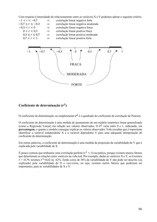 66
Com respeito à intensidade do relacionamento entre as variáveis X e Y podemos adotar o seguinte critério:
−1 < 𝑟 < −0,7  correlação linear negativa forte
−0,7 ≤ 𝑟 ≤ −0,3  correlação linear negativa moderada
−0,3 < 𝑟 < 0  correlação linear negativa fraca
0 < 𝑟 < 0,3  correlação linear positiva fraca
0,3 ≤ 𝑟 ≤ 0,7  correlação linear positiva moderada
0,7 < 𝑟 < 1  correlação linear positiva forte
| | | | | | |
−1 −0,7 −0,3 0 0,3 0,7 1
Coeficiente de determinação (𝒓 𝟐
)
O coeficiente de determinação ou simplesmente 𝒓 𝟐
é o quadrado do coeficiente de correlação de Pearson.
O coeficiente de determinação é uma medida de ajustamento de um modelo estatístico linear generalizado
(como a Regressão Linear) em relação aos valores observados. O 𝒓 𝟐
varia entre 0 e 1, indicando, em
percentagem, o quanto o modelo consegue explicar os valores observados. Vale ressaltar que é importante
identificar a variável independente X e a variável dependente Y para uma adequada interpretação do
coeficiente de determinação.
Em outras palavras, o coeficiente de determinação é uma medida da proporção da variabilidade de Y que é
explicada pela variabilidade de X.
É pouco comum que tenhamos uma correlação perfeita (𝑟 = 1) na prática, porque existem muitos fatores
que determinam as relações entre variáveis na vida real. Por exemplo, dadas as variáveis X e Y, se tivermos
𝑟 =0,79, teremos 𝑟 =0,62 ou 62%. Então cerca de 38% da variabilidade de Y não pode ser descrito (ou
explicado) pela variabilidade de X e vice-versa, ou seja, existem outros fatores que poderiam ser
importantes, para as variabilidades de X e Y.
FRACA
MODERADA
FORTE
 