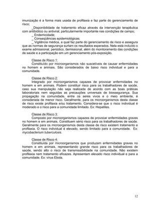 12
imunização é a forma mais usada de profilaxia e faz parte do gerenciamento de
risco;
_Disponibilidade de tratamento eficaz através da intervenção terapêutica
com antibiótico ou antiviral, particularmente importante nas condições de campo;
_ Endemicidade;
_ Conseqüências epidemiológicas;
_ Vigilância médica, a qual faz parte do gerenciamento de risco e assegura
que as normas de segurança surtam os resultados esperados. Nela está incluído o
exame admissional, periódico, demissional, além do monitoramento das condições
de saúde e a participação em um gerenciamento pós-exposição.
Classe de Risco 1:
Constituído por microorganismos não suscetíveis de causar enfermidades
no homem e animais. São considerados de baixo risco individual e para a
comunidade.
Classe de Risco 2:
Integrado por microorganismos capazes de provocar enfermidades no
homem e em animais. Podem constituir risco para os trabalhadores de saúde,
caso sua manipulação não seja realizada de acordo com as boas práticas
laboratoriais nem seguidas as precauções universais de biossegurança. Sua
propagação na comunidade, entre os seres vivos e o meio ambiente, é
considerada de menor risco. Geralmente, para os microorganismos desta classe
de risco existe profilaxia e/ou tratamento. Considera-se que o risco individual é
moderado e o risco para a comunidade limitado. Ex: Hepatites.
Classe de Risco 3:
Composto por microorganismos capazes de provocar enfermidades graves
no homem e em animais. Constituem sério risco para os trabalhadores de saúde.
Geralmente para os microorganismos desta classe de risco existem tratamento e
profilaxia. O risco individual é elevado, sendo limitado para a comunidade. Ex:
mycobacterium tuberculosis.
Classe de Risco 4:
Constituída por microorganismos que produzem enfermidades graves no
homem e em animais, representando grande risco para os trabalhadores de
saúde, sendo alto o risco de transmissibilidade na comunidade. Não existem
profilaxia nem tratamento eficazes. Apresentam elevado risco individual e para a
comunidade. Ex: vírus Ebola.
 