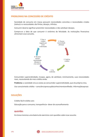 www.acasadoconcurseiro.com.br176
PROBLEMAS NA CONCESSÃO DE CRÉDITO
Sociedade de consumo em massa possuem necessidades concretas e necessidades criadas
(status) e a necessidades são finitas; desejos, infinitos.
Consumir deveria significar preencher necessidades e não satisfazer desejos.
Compra-se a ideia de que consumir é sinônimo de felicidade. As instituições financeiras
alimentam esse conceito.
Consumidor superendividado, incapaz, agora, de satisfazer, minimamente, suas necessidades
reais, necessitando de mais crédito ainda.
Problema: a sociedade vira as costas ao consumidor superendividado, que ela própria criou.
Uso conscientedo crédito – consciênciapressupõeconhecimentoereflexão. Informaçõeseprazo
SOLUÇÕES
Crédito fácil=crédito caro
Educação para o consumo, transparência– dever de aconselhamento
QUESTÕES:
Em breve teremos uma bateria de exercícios com questões sobre esse assunto.
 