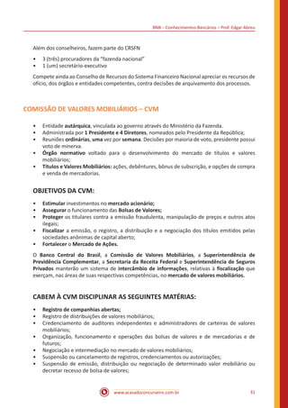 BNB – Conhecimentos Bancários – Prof. Edgar Abreu
www.acasadoconcurseiro.com.br 31
Além dos conselheiros, fazem parte do CRSFN
•• 3 (três) procuradores da “fazenda nacional”
•• 1 (um) secretário-executivo
Compete ainda ao Conselho de Recursos do Sistema Financeiro Nacional apreciar os recursos de
ofício, dos órgãos e entidades competentes, contra decisões de arquivamento dos processos.
COMISSÃO DE VALORES MOBILIÁRIOS – CVM
•• Entidade autárquica, vinculada ao governo através do Ministério da Fazenda.
•• Administrada por 1 Presidente e 4 Diretores, nomeados pelo Presidente da República;
•• Reuniões ordinárias, uma vez por semana. Decisões por maioria de voto, presidente possui
voto de minerva.
•• Órgão normativo voltado para o desenvolvimento do mercado de títulos e valores
mobiliários;
•• Títulos e Valores Mobiliários: ações, debêntures, bônus de subscrição, e opções de compra
e venda de mercadorias.
OBJETIVOS DA CVM:
•• Estimular investimentos no mercado acionário;
•• Assegurar o funcionamento das Bolsas de Valores;
•• Proteger os titulares contra a emissão fraudulenta, manipulação de preços e outros atos
ilegais;
•• Fiscalizar a emissão, o registro, a distribuição e a negociação dos títulos emitidos pelas
sociedades anônimas de capital aberto;
•• Fortalecer o Mercado de Ações.
O Banco Central do Brasil, a Comissão de Valores Mobiliários, a Superintendência de
Previdência Complementar, a Secretaria da Receita Federal e Superintendência de Seguros
Privados manterão um sistema de intercâmbio de informações, relativas à fiscalização que
exerçam, nas áreas de suas respectivas competências, no mercado de valores mobiliários.
CABEM À CVM DISCIPLINAR AS SEGUINTES MATÉRIAS:
•• Registro de companhias abertas;
•• Registro de distribuições de valores mobiliários;
•• Credenciamento de auditores independentes e administradores de carteiras de valores
mobiliários;
•• Organização, funcionamento e operações das bolsas de valores e de mercadorias e de
futuros;
•• Negociação e intermediação no mercado de valores mobiliários;
•• Suspensão ou cancelamento de registros, credenciamentos ou autorizações;
•• Suspensão de emissão, distribuição ou negociação de determinado valor mobiliário ou
decretar recesso de bolsa de valores;
 