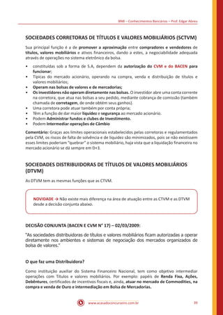 BNB – Conhecimentos Bancários – Prof. Edgar Abreu
www.acasadoconcurseiro.com.br 39
SOCIEDADES CORRETORAS DE TÍTULOS E VALORES MOBILIÁRIOS (SCTVM)
Sua principal função é a de promover a aproximação entre compradores e vendedores de
títulos, valores mobiliários e ativos financeiros, dando a estes, a negociabilidade adequada
através de operações no sistema eletrônico da bolsa.
•• constituídas sob a forma de S.A, dependem da autorização do CVM e do BACEN para
funcionar;
•• Típicas do mercado acionário, operando na compra, venda e distribuição de títulos e
valores mobiliários;
•• Operam nas bolsas de valores e de mercadorias;
•• Os investidores não operam diretamente nas bolsas. O investidor abre uma conta corrente
na corretora, que atua nas bolsas a seu pedido, mediante cobrança de comissão (também
chamada de corretagem, de onde obtém seus ganhos).
•• Uma corretora pode atuar também por conta própria;
•• Têm a função de dar maior liquidez e segurança ao mercado acionário.
•• Podem Administrar fundos e clubes de Investimento.
•• Podem Intermediar operações de Câmbio
Comentário: Graças aos limites operacionais estabelecidos pelas corretoras e regulamentados
pela CVM, os riscos de falta de solvência e de liquidez são minimizados, pois se não existissem
esses limites poderiam “quebrar” o sistema mobiliário, haja vista que a liquidação financeira no
mercado acionário se dá sempre em D+3.
SOCIEDADES DISTRIBUIDORAS DE TÍTULOS DE VALORES MOBILIÁRIOS
(DTVM)
As DTVM tem as mesmas funções que as CTVM.
NOVIDADE → Não existe mais diferença na área de atuação entre as CTVM e as DTVM
desde a decisão conjunta abaixo.
DECISÃO CONJUNTA (BACEN E CVM N° 17) – 02/03/2009:
“As sociedades distribuidoras de títulos e valores mobiliários ficam autorizadas a operar
diretamente nos ambientes e sistemas de negociação dos mercados organizados de
bolsa de valores.”
O que faz uma Distribuidora?
Como instituição auxiliar do Sistema Financeiro Nacional, tem como objetivo intermediar
operações com Títulos e valores mobiliários. Por exemplo: papéis de Renda Fixa, Ações,
Debêntures, certificados de incentivos fiscais e, ainda, atuar no mercado de Commodities, na
compra e venda de Ouro e intermediação em Bolsa de Mercadorias.
 