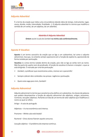 www.acasadoconcurseiro.com.br16
Adjunto Adverbial
É o termo da oração que indica uma circunstância (dando ideia de tempo, instrumento, lugar,
causa, dúvida, modo, intensidade, finalidade...). O adjunto adverbial é o termo que modifica o
sentido de um verbo, de um adjetivo, de um advérbio.
Advérbio X Adjunto Adverbial
Ontem assisti à aula do Zambeli na minha sala confortavelmente.
Aposto X Vocativo
Aposto é um termo acessório da oração que se liga a um substantivo, tal como o adjunto
adnominal, mas que, no entanto sempre aparecerá com a função de explicá-lo, aparecendo de
forma isolada por pontuação.
Vocativo é o único termo isolado dentro da oração, pois não se liga ao verbo nem ao nome.
Não faz parte do sujeito nem do predicado. A função do vocativo é chamar o receptor a que se
está dirigindo. É marcado por sinal de pontuação.
•• Zambeli, o professor que escontramos antes, merece ser o paraninfo!
•• Sempre cobram dois conteúdos nas provas: regência e pontuação.
•• Quero esta vaga para mim, Zambeli!
Adjunto Adnominal
Adjunto adnominal é o termo que caracteriza e/ou define um substantivo. As classes de palavras
que podem desempenhar a função de adjunto adnominal são adjetivos, artigos, pronomes,
numerais, locuções adjetivas. Portanto se trata de um termo de valor adjetivo que modificara o
nome ao qual se refere.
Artigo – A aula de português
Adjetivos – A crise econômica será intensa.
Pronome – Minha sala está lotada!
Numeral – Cinco alunos fizeram aquele concurso.
Locução adjetiva – O problema da empresa continua.
 