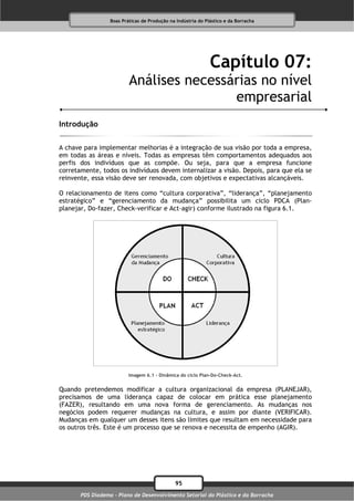 Boas Práticas de Produção na Indústria do Plástico e da Borracha




                                                              Capítulo 07:
                          Análises necessárias no nível
                                          empresarial
Introdução

A chave para implementar melhorias é a integração de sua visão por toda a empresa,
em todas as áreas e níveis. Todas as empresas têm comportamentos adequados aos
perfis dos indivíduos que as compõe. Ou seja, para que a empresa funcione
corretamente, todos os indivíduos devem internalizar a visão. Depois, para que ela se
reinvente, essa visão deve ser renovada, com objetivos e expectativas alcançáveis.

O relacionamento de itens como “cultura corporativa”, “liderança”, “planejamento
estratégico” e “gerenciamento da mudança” possibilita um ciclo PDCA (Plan-
planejar, Do-fazer, Check-verificar e Act-agir) conforme ilustrado na figura 6.1.




                          Imagem 6.1 – Dinâmica do ciclo Plan-Do-Check-Act.


Quando pretendemos modificar a cultura organizacional da empresa (PLANEJAR),
precisamos de uma liderança capaz de colocar em prática esse planejamento
(FAZER), resultando em uma nova forma de gerenciamento. As mudanças nos
negócios podem requerer mudanças na cultura, e assim por diante (VERIFICAR).
Mudanças em qualquer um desses itens são limites que resultam em necessidade para
os outros três. Este é um processo que se renova e necessita de empenho (AGIR).




                                              95
       PDS Diadema - Plano de Desenvolvimento Setorial do Plástico e da Borracha
 