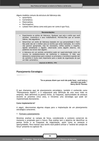 Boas Práticas de Produção na Indústria do Plástico e da Borracha




Alguns   modelos comuns da estrutura de liderança são:
        Autoritário;
        Carismático;
        Paternalista;
        Participativo;
        Laissez-faire (deixa como está para ver como é que fica).


                                     Recomendações:
        Experimente os estilos de liderança. Qualquer que seja o estilo que você
         escolher, transmita-o a seus trabalhadores. Permita-lhes que se tornem
         líderes, não seguidores.
        Determinar um estilo de liderança baseado em sua personalidade é fácil.
         Mas pode não ser o melhor para as tarefas que serão realizadas. Se o estilo
         não parecer apropriado, mas for necessário, reflita sozinho a respeito.
         Agindo semelhante a alguém, observando como alguém observa, nós
         podemos nos tornar esse alguém.
        A liderança em um sentido carismático pode ser supervalorizada como um
         recurso no estabelecimento de melhorias e mudanças. O líder que
         demonstra compromisso para conduzir os princípios e reconhece quando sair
         do caminho é muito mais importante para a saúde da organização do que
         um líder carismático.
                                 Adaptado de BROCKA, 1994.




Planejamento Estratégico


                                  “Se as pessoas dizem que você não pode fazer, você tenta e
                                                                       descobre que pode.”
                                                                       Henry David Thoreau


O que chamamos aqui de planejamento estratégico, também é conhecido como
“Planejamento Hoshin”, e é responsável pela definição de uma nova visão na
empresa. Nele definimos os pontos fortes, as fraquezas, oportunidades de ameaças
durante os próximos cinco anos, e iniciamos uma estratégia que pode ser
implementada diariamente.

Como implementá-lo?

A seguir, descrevemos algumas etapas para a implantação de um planejamento
estratégico consciente.

1 – Formule o planejamento.

Devemos analisar os campos de força, considerando o contexto comercial                   do
momento e projetado para o futuro. Essa análise tem o objetivo de identificar            os
pontos fortes e as fraquezas da organização, assim como as ameaças                        e
oportunidades. Para realizar essa tarefa você poderá utilizar a “análise de campos       de
força” presente no capítulo 10.




                                                99
         PDS Diadema - Plano de Desenvolvimento Setorial do Plástico e da Borracha
 