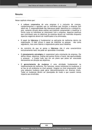 Boas Práticas de Produção na Indústria do Plástico e da Borracha




Resumo

Nesse capítulo vimos que:

      A cultura corporativa de uma empresa é o conjunto de crenças,
       comportamentos e opiniões que os indivíduos que formam a empresa tem
       sobre ela. É responsabilidade das lideranças poder identificá-la e conhecê-la,
       pois, somente através dessa análise será possível compreender e modificar a
       forma como os indivíduos se relacionam com a empresa. Aspectos positivos
       que contribuem para os objetivos da empresa devem ser mantidos enquanto
       aspectos negativos devem ser modificados e/ou eliminados.

      O papel da liderança é fundamental na aplicação de melhorias dentro da
       organização. O líder eficaz é capaz de mobilizar as pessoas – não como
       seguidores, mas como líderes e responsáveis pelos seus trabalhos.

      Ao contrário do que se pensa a liderança não é uma característica
       exclusivamente nata: ela pode ser aprendida e ensinada.

      O planejamento estratégico é responsável pela orientação da empresa. Ele
       define metas, objetivos, análise dos pontos fortes e fracos, das oportunidades
       e ameaças – e traduz tudo isso em um plano que possa ser executado
       diariamente em direção aos objetivos.

      O gerenciamento da mudança é uma atividade fundamental na
       implementação de melhorias. Por natureza, somos resistentes às mudanças; e
       se isso já um problema no nível pessoal, imagine no nível empresarial, onde
       uma pequena mudança pode gerar descontentamento em diversos níveis.
       Todas as mudanças devem ser planejadas de modo a que causem menos
       impacto aos envolvidos.




                                              103
       PDS Diadema - Plano de Desenvolvimento Setorial do Plástico e da Borracha
 