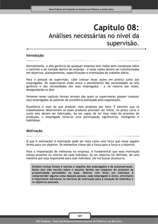 Boas Práticas de Produção na Indústria do Plástico e da Borracha




                                                              Capítulo 08:
                  Análises necessárias no nível da
                                       supervisão.
Introdução

Normalmente, a alta gerência de qualquer empresa tem visões bem complexas sobre
o caminho a ser tomado dentro da empresa – e essas visões devem ser transformadas
em objetivos, planejamentos, especificações e orientações de trabalho diário.

Para o pessoal    da supervisão, cabe colocar essas ações em prática junto aos
empregados. Os    supervisores estão entre o atendimento das necessidades da alta
gerência e das     necessidades dos seus empregados – e na maioria das vezes,
desagradando os   dois.

Veremos nesse capítulo formas através das quais os supervisores possam conduzir
seus empregados ao patamar de excelência planejado pela organização.

Excelência é mais do que produzir mais produtos por hora. É permitir que os
trabalhadores determinem se esses produtos precisam ser feitos, no preço certo e
como eles devem ser fabricados. Ao ser capaz de ter essa visão do processo de
produção, o empregado torna-se uma participação significativa, inteligente e
habilidosa.


Motivação

O que é motivação? A motivação pode ser vista como uma força que move alguém
direto para um objetivo. Os elementos-chave são a força para a força e o objetivo.

Para a implantação de melhorias na empresa, é fundamental que essa motivação
esteja presente no interior de cada indivíduo. Se um objetivo for definido, de uma
maneira que seja importante para esse indivíduo, ele irá buscar alcançá-lo.

    Existem muitas fontes e teorias a respeito dos empregados e da automotivação.
    Muito tem sido escrito sobre o assunto devido aos impactos do aumento da
    produtividade percebidos na base. Motivar com êxito um indivíduo é
    compreender alguma coisa daquela pessoa; cada empregado é único, entretanto
    é importante estruturar as técnicas de motivação para a situação do indivíduo e
    os objetivos pessoais.




                                              107
      PDS Diadema - Plano de Desenvolvimento Setorial do Plástico e da Borracha
 