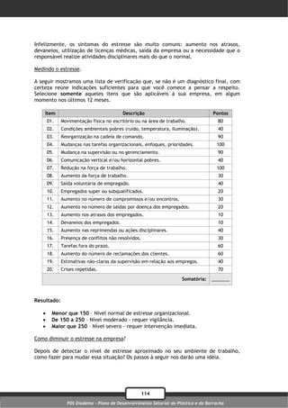 Infelizmente, os sintomas do estresse são muito comuns: aumento nos atrasos,
devaneios, utilização de licenças médicas, saída da empresa ou a necessidade que o
responsável realize atividades disciplinares mais do que o normal.

Medindo o estresse.

A seguir mostramos uma lista de verificação que, se não é um diagnóstico final, com
certeza reúne indicações suficientes para que você comece a pensar a respeito.
Selecione somente aqueles itens que são aplicáveis à sua empresa, em algum
momento nos últimos 12 meses.

    Item                                 Descrição                                Pontos
       01.   Movimentação física no escritório ou na área de trabalho.               80
       02.   Condições ambientais pobres (ruído, temperatura, iluminação).           40
       03.   Reorganização na cadeia de comando.                                     90
       04.   Mudanças nas tarefas organizacionais, enfoques, prioridades.           100
       05.   Mudança na supervisão ou no gerenciamento.                              90
       06.   Comunicação vertical e/ou horizontal pobres.                            40
       07.   Redução na força de trabalho.                                          100
       08.   Aumento da força de trabalho.                                           30
       09.   Saída voluntária de empregado.                                          40
       10.   Empregados super ou subqualificados.                                    20
       11.   Aumento no número de compromissos e/ou encontros.                       30
       12.   Aumento no número de saídas por doença dos empregados.                  20
       13.   Aumento nos atrasos dos empregados.                                     10
       14.   Devaneios dos empregados.                                               10
       15.   Aumento nas reprimendas ou ações disciplinares.                         40
       16.   Presença de conflitos não resolvidos.                                   30
       17.   Tarefas fora do prazo.                                                  60
       18.   Aumento do número de reclamações dos clientes.                          60
       19.   Estimativas não-claras da supervisão em relação aos empregos.           40
       20.   Crises repetidas.                                                       70

                                                                    Somatória:    _______



Resultado:

        Menor que 150 – Nível normal de estresse organizacional.
        De 150 a 250 – Nível moderado - requer vigilância.
        Maior que 250 – Nível severo - requer intervenção imediata.

Como diminuir o estresse na empresa?

Depois de detectar o nível de estresse aproximado no seu ambiente de trabalho,
como fazer para mudar essa situação? Os passos à seguir nos darão uma idéia.




                                                 114
               PDS Diadema - Plano de Desenvolvimento Setorial do Plástico e da Borracha
 
