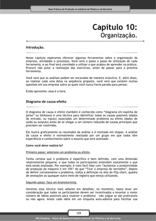 Boas Práticas de Produção na Indústria do Plástico e da Borracha




                                                              Capítulo 10:
                                                                      Organização.
Introdução.

Nesse capítulo esperamos oferecer algumas ferramentas sobre a organização da
empresa, atividades e processos. Você verá o passo a passo de utilização de cada
ferramenta, e ao final será convidado a utilizar o que acabou de aprender na prática.
Procure não pular a realização dos exercícios, antes de passar para a próxima
ferramenta.

Você verá que as análises podem ser encaradas de maneira evolutiva. E, além disso,
ao realizar cada uma delas na seqüência proposta, você verá que existem muitas
questões em sua empresa sobre as quais você nunca havia parado para pensar.

Então aproveite: essa é a hora.


Diagrama de causa-efeito

O diagrama de causa e efeito (também é conhecido como “diagrama em espinha de
peixe” ou Ishikawa) é uma técnica para identificar todas as causas possíveis (dados
de entrada, ou inputs) associados um determinado problema ou efeito (dados de
saída ou outputs) antes de se chegar a um número reduzido de causas principais que
precisem ser resolvidas.

Ele ilustra graficamente os resultados da análise e é montado em etapas. A análise
da causa e efeito é normalmente realizada por um grupo em que todos têm
experiência e conhecimento sobre o assunto que será analisado.

Como você deve realizá-lo?

Primeiro passo: selecione um problema ou efeito.

Tenha certeza que o problema é específico e bem definido, com uma dimensão
relativamente pequena, e que todos os participantes entendam exatamente o que
está sendo analisado. Por exemplo: é mais fácil lidar com “Aumentar a produtividade
de produção da máquina X em 10%” do que “Tirar a empresa do vermelho”. Depois
de definir corretamente o problema, redija a definição no alto do Flip chart, quadro
de anotações ou qualquer outro meio de registro que esteja utilizando.

Segundo passo: faça um brainstorming.

Veremos essa técnica mais adiante em detalhes, no momento, basta levar em
consideração que todos os participantes devem ser incentivados a levantar o maior
número de idéias possíveis para resolver o problema – não julgue se são praticáveis
ou não agora. Anote cada idéia em um etiqueta auto-adesiva para facilitar sua



                                              125
       PDS Diadema - Plano de Desenvolvimento Setorial do Plástico e da Borracha
 