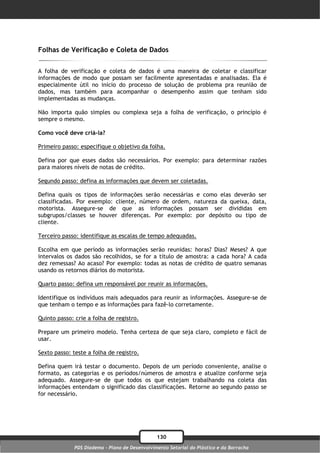 Folhas de Verificação e Coleta de Dados

A folha de verificação e coleta de dados é uma maneira de coletar e classificar
informações de modo que possam ser facilmente apresentadas e analisadas. Ela é
especialmente útil no início do processo de solução de problema pra reunião de
dados, mas também para acompanhar o desempenho assim que tenham sido
implementadas as mudanças.

Não importa quão simples ou complexa seja a folha de verificação, o princípio é
sempre o mesmo.

Como você deve criá-la?

Primeiro passo: especifique o objetivo da folha.

Defina por que esses dados são necessários. Por exemplo: para determinar razões
para maiores níveis de notas de crédito.

Segundo passo: defina as informações que devem ser coletadas.

Defina quais os tipos de informações serão necessárias e como elas deverão ser
classificadas. Por exemplo: cliente, número de ordem, natureza da queixa, data,
motorista. Assegure-se de que as informações possam ser divididas em
subgrupos/classes se houver diferenças. Por exemplo: por depósito ou tipo de
cliente.

Terceiro passo: identifique as escalas de tempo adequadas.

Escolha em que período as informações serão reunidas: horas? Dias? Meses? A que
intervalos os dados são recolhidos, se for a título de amostra: a cada hora? A cada
dez remessas? Ao acaso? Por exemplo: todas as notas de crédito de quatro semanas
usando os retornos diários do motorista.

Quarto passo: defina um responsável por reunir as informações.

Identifique os indivíduos mais adequados para reunir as informações. Assegure-se de
que tenham o tempo e as informações para fazê-lo corretamente.

Quinto passo: crie a folha de registro.

Prepare um primeiro modelo. Tenha certeza de que seja claro, completo e fácil de
usar.

Sexto passo: teste a folha de registro.

Defina quem irá testar o documento. Depois de um período conveniente, analise o
formato, as categorias e os períodos/números de amostra e atualize conforme seja
adequado. Assegure-se de que todos os que estejam trabalhando na coleta das
informações entendam o significado das classificações. Retorne ao segundo passo se
for necessário.




                                                130
              PDS Diadema - Plano de Desenvolvimento Setorial do Plástico e da Borracha
 
