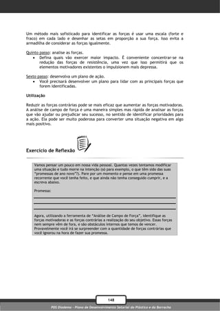 Um método mais sofisticado para identificar as forças é usar uma escala (forte e
fraco) em cada lado e desenhar as setas em proporção a sua força. Isso evita a
armadilha de considerar as forças igualmente.

Quinto passo: analise as forças.
    Defina quais vão exercer maior impacto. É conveniente concentrar-se na
       redução das forças de resistência, uma vez que isso permitirá que os
       elementos motivadores existentes o impulsionem mais depressa.

Sexto passo: desenvolva um plano de ação.
    Você precisará desenvolver um plano para lidar com as principais forças que
       forem identificadas.

Utilização

Reduzir as forças contrárias pode se mais eficaz que aumentar as forças motivadoras.
A análise de campo de força é uma maneira simples mas rápida de analisar as forças
que vão ajudar ou prejudicar seu sucesso, no sentido de identificar prioridades para
a ação. Ela pode ser muito poderosa para converter uma situação negativa em algo
mais positivo.




Exercício de Reflexão

    Vamos pensar um pouco em nossa vida pessoal. Quantas vezes tentamos modificar
    uma situação e tudo morre na intenção (só para exemplo, o que têm sido das suas
    “promessas de ano novo”?). Pare por um momento e pense em uma promessa
    recorrente que você tenha feito, e que ainda não tenha conseguido cumprir, e a
    escreva abaixo.

    Promessa:




    Agora, utilizando a ferramenta de “Análise de Campo de Força”, identifique as
    forças motivadoras e as forças contrárias a realização do seu objetivo. Essas forças
    nem sempre vêm de fora, e são obstáculos internos que temos de vencer.
    Provavelmente você irá se surpreender com a quantidade de forças contrárias que
    você ignorou na hora de fazer sua promessa.




                                                148
              PDS Diadema - Plano de Desenvolvimento Setorial do Plástico e da Borracha
 