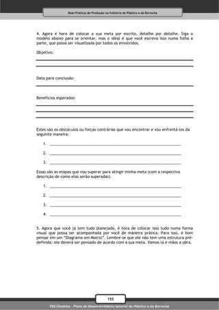 Boas Práticas de Produção na Indústria do Plástico e da Borracha




4. Agora é hora de colocar a sua meta por escrito, detalhe por detalhe. Siga o
modelo abaixo para se orientar, mas o ideal é que você escreva isso numa folha a
parte, que possa ser visualizada por todos os envolvidos.

Objetivo:




Data para conclusão:



Benefícios esperados:




Estes são os obstáculos ou forças contrárias que vou encontrar e vou enfrentá-los da
seguinte maneira:

   1. ______________________________________________________________

   2. ______________________________________________________________

   3. ______________________________________________________________

Essas são as etapas que vou superar para atingir minha meta (com a respectiva
descrição de como elas serão superadas).

   1. ______________________________________________________________

   2. ______________________________________________________________

   3. ______________________________________________________________

   4. ______________________________________________________________


5. Agora que você já tem tudo planejado, é hora de colocar isso tudo numa forma
visual que possa ser acompanhada por você de maneira prática. Para isso, é bom
pensar em um “Diagrama em Matriz”. Lembre-se que ele não tem uma estrutura pré-
definida: ele deverá ser pensado de acordo com a sua meta. Vamos lá e mãos a obra.




                                              155
       PDS Diadema - Plano de Desenvolvimento Setorial do Plástico e da Borracha
 