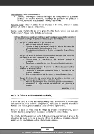 Segundo passo: selecione um critério.
    Liderança, informação e análise estratégica do planejamento da qualidade,
      utilização de recursos humanos, segurança da qualidade dos produtos e
      serviços, resultados da qualidade e satisfação do cliente.

Terceiro passo: colete os dados de sua empresa e de outras, analise os dados,
prepare um plano de ação e o implemente.

Quarto passo: Implemente os novos procedimentos dando tempo para que eles
“sedimentem”. Meça o efeito de todas as mudanças.

    Johnson Edosomwan propôs um modelo de quatro estágios, apresentados a seguir,
    que integram os esforços do planejamento estratégico das melhorias.

          Estágio 01: preste atenção ao que o cliente diz.
               o Identifique necessidades e desejos.
               o Obtenha da área de Marketing informações sobre a percepção dos
                   clientes a respeito dos produtos e serviços.
               o Traduza as necessidades e os desejos em requisitos de produtos e
                   serviços.

          Estágio 02: Avalie a eficiência dos mecanismos utilizados com intuito de
           satisfazer os requisitos de satisfação do cliente.
               o Enfoque sobre as características dos produtos, serviços e
                   processos.
               o Especifique os requisitos por meio das necessidades operacionais.

          Estágio 03: Analise os requisitos do cliente e as informações de mercado e
           sintetize os dados relevantes.
               o Desenvolva os inter-relacionamentos entre as características de
                   produtos e serviços.
               o Selecione os requisitos que descrevem as necessidades do cliente.

          Estágio 04: Desenvolva as características dos produtos e serviços e as
           medidas técnicas que satisfazem os requisitos do cliente.
               o Revise as especificações finais com as equipes de desenvolvimento.
               o Implemente as especificações recomendadas dos produtos e
                   serviços.
                                                                      (BROCKA, 1994)



Modo de falhas e análise de efeitos (FMEA)

O modo de falhas e análise de defeitos (FMEA) coleta formalmente as informações,
considerando as peças possíveis; componentes, montagens e o sistema de modo de
falhas e seus efeitos, probabilidades e ações corretivas e preventivas.

Ele pode e deve ser feito antes do estágio de projeto e iterativamente, quando
revisões dos novos componentes e dados do campo forem acrescentados.

As entradas do FMEA podem vir tanto do Brainstorming, das técnicas de grupo e dos
diagramas de causa-efeito se o sistema estiver em produção, entradas adicionais
podem vir dos resultados da análise estatística do processo.




                                               160
             PDS Diadema - Plano de Desenvolvimento Setorial do Plástico e da Borracha
 