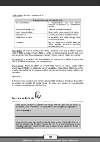 Quinto passo: defina as regras básicas.

                              Regras básicas para um brainstorming
    Não fazer críticas.                          É imprescindível para que sejam
                                                 vencidas as barreiras ao pensamento
                                                 criativo.
    Encorajar idéias exóticas.                   Todas as idéias são aceitáveis.
    Insistir na criatividade.                    Gere o maior número possível de idéias.
    Pegar caronas.                               Acumule, acrescente e combine idéias.
    Anotar todas as idéias.                      O secretário não deve corrigir nem
                                                 interpretar as idéias.
    Incubação.                                   Dar um tempo para reflexão sobre as
                                                 idéias anotadas geralmente estimula
                                                 novos pensamentos.

Sexto passo: dê início à produção de idéias – assegure-se de que as idéias fiquem à
vista de todo o grupo. Percorra toda a equipe na seqüência para garantir que todos
estejam envolvidos. As pessoas podem “passar” se não tiverem nada a acrescentar.

Sétimo passo: o secretário não deve abreviar ou interpretar as idéias. É importante
captar as idéias exatamente com são expressada.

Oitavo passo: depois de obter um determinado número de idéias, vocês podem
avaliar sua utilidade em relação ao objetivo proposto. Nessa etapa, podem-se aplicar
o raciocínio analítico e técnicas de análise (como o diagrama de causa e efeito, por
exemplo).

Utilização.

O Brainstorming constitui uma maneira disciplinada (ainda que divertida) de envolver
as pessoas na geração de novas idéias, de modo que possam ser questionados
pressupostos e paradigmas estabelecidos.




Exercício de Reflexão

    Existe alguma situação na empresa que esteja “travada” por falta de pensar a
    respeito dela com novas idéias? Em caso positivo, deixe-a registrada logo abaixo:

    Situação/problema:




    Agora antes de passar para a próxima tarefa, junte pessoas relacionadas à tarefa e
    faça um Brainstorming de alguns minutos. Se você for o único relacionada a essa
    “situação/problema”, não se intimide: separe alguns minutos isolado dos demais e
    faça um Brainstorming.




                                                 168
               PDS Diadema - Plano de Desenvolvimento Setorial do Plástico e da Borracha
 