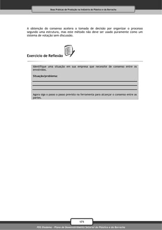 Boas Práticas de Produção na Indústria do Plástico e da Borracha




A obtenção do consenso acelera a tomada de decisão por organizar o processo
segundo uma estrutura, mas este método não deve ser usado puramente como um
sistema de votação sem discussão.




Exercício de Reflexão

   Identifique uma situação em sua empresa que necessite de consenso entre os
   envolvidos.

   Situação/problema:




   Agora siga o passo a passo previsto na ferramenta para alcançar o consenso entre as
   partes.




                                             171
      PDS Diadema - Plano de Desenvolvimento Setorial do Plástico e da Borracha
 