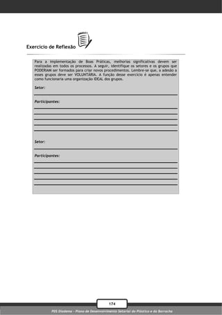 Exercício de Reflexão

   Para a implementação de Boas Práticas, melhorias significativas devem ser
   realizadas em todos os processos. A seguir, identifique os setores e os grupos que
   PODERIAM ser formados para criar novos procedimentos. Lembre-se que, a adesão a
   esses grupos deve ser VOLUNTÁRIA. A função desse exercício é apenas entender
   como funcionaria uma organização IDEAL dos grupos.

   Setor:


   Participantes:




   Setor:


   Participantes:




                                              174
            PDS Diadema - Plano de Desenvolvimento Setorial do Plástico e da Borracha
 