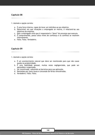 Capítulo 08


1. Assinale a opção correta:

   a. É uma força interna, capaz de levar um indivíduo ao seu objetivo.
   b. Determinar em que situações o empregado se motiva, e relacioná-las aos
      objetivos da empresa.
   c. Que o empregado sinta que é responsável e “dono” do processo que executa.
   d. É comprometido, possui altos níveis de confiança e os conflitos se resolvem
      internamente.
   e. Falso. Falso. Verdadeiro.




Capítulo 09


1. Assinale a opção correta:

   a. É um acontecimento natural que deve ser monitorado para que não cause
      queda na produtividade.
   b. É uma habilidade pessoal, muitas vezes negligenciada, que pode ser
      aprendida e organizada.
   c. Ser incentivada, reduzindo as barreiras para sua aplicação.
   d. Demissões por justa causa e concessão de férias remuneradas.
   e. Verdadeiro. Falso. Falso.




                                               188
             PDS Diadema - Plano de Desenvolvimento Setorial do Plástico e da Borracha
 