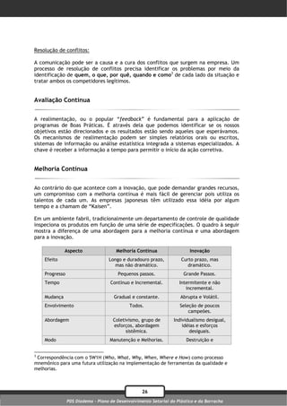 Resolução de conflitos:

A comunicação pode ser a causa e a cura dos conflitos que surgem na empresa. Um
processo de resolução de conflitos precisa identificar os problemas por meio da
identificação de quem, o que, por quê, quando e como3 de cada lado da situação e
tratar ambos os competidores legítimos.


Avaliação Contínua

A realimentação, ou o popular “feedback” é fundamental para a aplicação de
programas de Boas Práticas. É através dela que podemos identificar se os nossos
objetivos estão direcionados e os resultados estão sendo aqueles que esperávamos.
Os mecanismos de realimentação podem ser simples relatórios orais ou escritos,
sistemas de informação ou análise estatística integrada a sistemas especializados. A
chave é receber a informação a tempo para permitir o início da ação corretiva.


Melhoria Contínua

Ao contrário do que acontece com a inovação, que pode demandar grandes recursos,
um compromisso com a melhoria contínua é mais fácil de gerenciar pois utiliza os
talentos de cada um. As empresas japonesas têm utilizado essa idéia por algum
tempo e a chamam de “Kaisen”.

Em um ambiente fabril, tradicionalmente um departamento de controle de qualidade
inspeciona os produtos em função de uma série de especificações. O quadro à seguir
mostra a diferença de uma abordagem para a melhoria contínua e uma abordagem
para a inovação.

              Aspecto                  Melhoria Contínua                 Inovação
    Efeito                         Longo e duradouro prazo,          Curto prazo, mas
                                     mas não dramático.                 dramático.
    Progresso                          Pequenos passos.               Grande Passos.
    Tempo                           Contínuo e Incremental.         Intermitente e não
                                                                       incremental.
    Mudança                           Gradual e constante.           Abrupta e Volátil.
    Envolvimento                             Todos.                 Seleção de poucos
                                                                        campeões.
    Abordagem                        Coletivismo, grupo de        Individualismo desigual,
                                     esforços, abordagem              idéias e esforços
                                           sistêmica.                    desiguais.
    Modo                            Manutenção e Melhorias.            Destruição e


3
 Correspondência com o 5W1H (Who, What, Why, When, Where e How) como processo
mnemônico para uma futura utilização na implementação de ferramentas da qualidade e
melhorias.



                                                   26
                PDS Diadema - Plano de Desenvolvimento Setorial do Plástico e da Borracha
 
