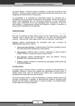 Boas Práticas de Produção na Indústria do Plástico e da Borracha




Ao treinar alguém, o instrutor começa a considerar a tarefa sob um ponto de vista
diferente – contudo, conduzir todos os treinamentos internamente pode levar a uma
estagnação do conhecimento em longo prazo.

As necessidades e os resultados do treinamento devem ser avaliados com o
empregado para que ele ganhe entendimento. Naturalmente, haverá, de tempo em
tempo, mais empregados para um treinamento específico. É muito importante,
nesses casos, encaminhar um ou mais empregados para treinamento. Se este for
bem-sucedido, o comportamento alterado será aparente e ajudará a convencer os
demais sobre a importância do treinamento.


Implementação

Para que um programa de Boas Práticas possa ser bem implementado, como toda
mudança, todo o pessoal deve ser integrado em um plano de implementação
coerente – lembre-se que “fazer alguma coisa” não é o mesmo que “fazê-la bem”.

Processo: algumas recomendações são necessárias para que o processo de
implementação seja efetivo. Veja só:

   1. Tenha uma visão orientada: a implementação só será bem sucedida se houver
      uma visão clara da sua utilidade para toda empresa.

   2. Inicie pequeno: modificar todos os setores e operações ao mesmo tempo é
      suicídio. Comece com pequenos passos e siga em frente.

   3. Seja obcecado: planeje estrategicamente, entre nos detalhes. Torne-se
      obcecado com a implementação da visão.

   4. Celebre o sucesso: mantenha a motivação dos empregados comemorando até
      os menores progressos.

O modelo Espiral:

O modelo espiral mostrado relata os conceitos e princípios do gerenciamento da
Qualidade. Enquanto a maioria dos modelos são apresentados de forma linear, o
modelo espiral serve como um lembrete para mostrar que o gerenciamento da
qualidade precisa fazer parte de toda a empresa.

Do centro da espiral emana a visão da organização. A primeira camada consiste nos
princípios fundamentais; a segunda, no gerenciamento dinâmico necessário pelos
gerentes de nível médio e supervisores; e a terceira camada, a da implementação,
contém algumas ferramentas sugeridas.




                                              29
       PDS Diadema - Plano de Desenvolvimento Setorial do Plástico e da Borracha
 