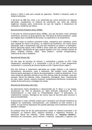 pintura e têxtil e solas para calçado de segurança. Também é bastante usado na
indústria alimentar.

A borracha de NBR tem vindo a ser substituída por outras borrachas em algumas
aplicações, notadamente na indústria de automóveis, por conta das maiores
exigências impostas pelos construtores (no que diz respeito à temperatura de
utilização e resistência aos óleos).

Borracha Etileno-Propileno-Dieno (EPDM).

A borracha de etileno-propileno-dieno (EPDM), uma das borrachas muito utilizadas
atualmente, pertence ao grupo genérico das “borrachas de etileno-propileno”, grupo
que engloba duas variedades de borrachas: os copolímeros e os terpolímeros.

O EPDM é usado na indústria automóvel (tubos, mangueiras para radiadores, perfis
para vedação de vidros e de portas), na indústria de caixilharia e em muitas outras
utilizações onde o fundamental seja uma boa resistência ao ozônio e à intempérie.
Outras aplicações típicas onde o EPDM é muito usado são: membranas de borracha
para telhados, distribuição de água potável (quente e/ou fria), paredes laterais de
pneus, vedantes diversos, cabos, “dock fenders”, correias transportadoras,
coberturas de rolos e isoladores.

Borracha de Silicone (Q).

Há três tipos de borracha de silicone: a vulcanizável a quente ou HTV (“high
temperature vulcanizing”) e a vulcanizável a frio ou RTV (“room temperature
vulcanizing”) e a borracha de silicone líquida ou LSR (“liquid silicone rubber”)

Elas têm diversas e importantes aplicações em artigos médicos e nas indústrias
farmacêutica, aeronáutica, naval e automóvel. São também muito usadas em
diversas peças empregues no fabrico de esquentadores e caldeiras domésticas. O seu
vasto campo de aplicação estende-se aos mais diversos tipos de atividade, como por
exemplo, fabrico de vedantes, tubos, mangueiras, diafragmas, foles, revestimentos
de rolos, cabos, estufas, reatores nucleares, componentes eletrônicos e produção de
moldes de borracha para a moldagem de resinas.

Borracha de Poliuretano (AU e EU).

Os poliuretanos foram descobertos e desenvolvidos por O. Bayer e a sua equipe,
inicialmente em 1937 na Alemanha no “Main Scientific Laboratory” da “I.G.
Farbenindustrie” e mais tarde na “Farbenfabriken Bayer”. O poliuretano, ou
simplesmente uretano, distingue-se dos outros tipos de borracha pela estrutura e
pela processabilidade.

O poliuretano é muito utilizado sempre que é necessária uma elevada resistência ao
desgaste em combinação, eventualmente, com resistência ao óleo mineral e ao
ozônio. As suas formas esponjosas têm grande aplicação como isolamento térmico de
paredes e telhados.

Os produtos feitos de AU são particularmente usados na indústria automóvel e de
transporte, na indústria têxtil, indústria alimentar e engenharia mecânica. As
aplicações típicas são vedantes, “shock absorbing” ou “damping members”,
elementos de transmissão, juntas flexíveis e elásticas, suspensões e suportes com




                                                56
             PDS Diadema - Plano de Desenvolvimento Setorial do Plástico e da Borracha
 