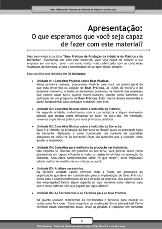Boas Práticas de Produção na Indústria do Plástico e da Borracha




                                                      Apresentação:
   O que esperamos que você seja capaz
            de fazer com este material?
Seja bem-vindo à cartilha “Boas Práticas de Produção da Indústria do Plástico e da
Borracha”. Esperamos que com esse material, você seja capaz de colocar a sua
empresa em um novo rumo – um rumo muito mais sintonizado com as constantes
mudanças do mercado, e com a necessidade de se aperfeiçoar sempre.

Essa cartilha está dividida em 06 Unidades:

      Unidade 01: Conceitos Práticos sobre Boas Práticas.
       Nessa primeira unidade, procuramos mostrar para você um painel geral do
       que está envolvido na adoção de Boas Práticas, as lições da história e do
       presente momento, e todos os elementos presentes na maioria das empresas
       que podem atuar tanto quanto incentivadores, quanto como barreiras na
       aplicação de um programa de Boas Práticas. Estar ciente desses elementos é
       parte fundamental para conseguir trabalhar com eles.

      Unidade 02: Conceitos Básicos sobre a Indústria do Plástico.
       Na segunda unidade, sintonizamos com a sua indústria e alguns elementos
       básicos que muitas vezes deixamos de olhar no dia-a-dia. Por exemplo,
       revemos o que são os plásticos e seus principais produtos.

      Unidade 03: Conceitos Básicos sobre a Indústria da Borracha.
       Qual é a história da produção da borracha no Brasil? quais os principais tipos
       de borracha fabricados e como funcionaria um controle de qualidade
       adequado na indústria da borracha? Essas são questões que a unidade tenta
       ajudar a responder.

      Unidade 04: Conceitos para melhoria da produção nas indústrias.
       Não importa se falamos em plástico ou borracha, será preciso saber como
       planejamos um layout eficiente e todos os custos envolvidos na operação da
       Indústria. Sem esses conhecimentos sobre “o que medir”, seria impossível
       adotar melhorias (melhorias em relação a que?).

      Unidade 05: Análises necessárias.
       Na terceira unidade vamos verificar mais a fundo um panorama da
       organização que deve ser considerado para a implantação de Boas Práticas?
       Como está o comprometimento da alta direção da empresa, dos supervisores e
       dos empregados? Existe algum aspecto ao qual devemos estar atentos para
       que o nosso esforço não seja jogado por água abaixo?

      Unidade 06: As Ferramentas e as Técnicas para as Boas Práticas.

       Na quarta unidade oferecemos as ferramentas e técnicas para colocar as
       coisas para funcionar. Como organizar as mudanças? Como planejá-las? Como
       verificar nosso desempenho atual, levar as pessoas a trabalhar em consenso



                                               3
       PDS Diadema - Plano de Desenvolvimento Setorial do Plástico e da Borracha
 