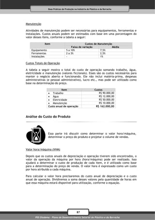 Boas Práticas de Produção na Indústria do Plástico e da Borracha




Manutenção

Atividades de manutenção podem ser necessárias para equipamentos, ferramentas e
instalações. Custos anuais podem ser estimados com base em uma porcentagem do
valor desses itens, conforme a tabela a seguir:

               Item                                Custos de Manutenção
                                        Faixa de variação              Média
    Equipamento                     5 a 10%                    7,5%
    Ferramentas                     2 a 3%                     2,5%
    Instalações                     -                          1%

Custos Totais de Operação

A tabela a seguir mostra o total do custo de operação somando trabalho, água,
eletricidade e manutenção (valores ficcionais). Esses são os custos necessários para
manter o negócio aberto e funcionando. Ele não inclui matéria-prima, despesas
administrativas (e pessoal administrativo), lucro etc., mas pode ser utilizado como
base na determinação do preço.

                            Item                                Custos
                   Trabalho                                       R$ 90.000,00
                   Água                                           R$ 12.000,00
                   Eletricidade                                   R$ 50.000,00
                   Manutenção                                     R$ 10.000,00
                  Custo anual de operação                        R$ 162.000,00



Análise do Custo do Produto



                  Essa parte irá discutir como determinar o valor hora/máquina,
                  determinar o preço do produto e projetar o volume de vendas.



Valor hora/máquina (VHM)

Depois que os custos anuais de depreciação e operação tiverem sido encontrados, o
valor da operação da máquina por hora (hora/máquina) pode ser realizado. Isso
ajudará a determinar o custo de produção de cada item, e é utilizado como base
para a determinação do preço de venda. O valor hora é expressado como um custo
por hora atribuído a cada máquina.

Para calcular o valor hora precisaremos do custo anual de depreciação e o custo
anual de operação. Dividiremos a soma desses valores pela quantidade de horas em
que essa máquina estará disponível para utilização, conforme a equação.




                                              87
       PDS Diadema - Plano de Desenvolvimento Setorial do Plástico e da Borracha
 