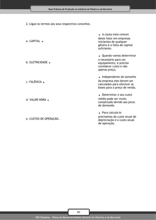 Boas Práticas de Produção na Indústria do Plástico e da Borracha




2. Ligue os termos aos seus respectivos conceitos.


                                                                    . A causa mais comum
a. CAPITAL   .                                                      deste fator em empresas
                                                                    iniciantes de qualquer
                                                                    gênero é a falta de capital
                                                                    suficiente.

                                                                    .  Quando vamos determinar

b. ELETRICIDADE   .                                                 o necessário para um
                                                                    equipamento, é preciso
                                                                    considerar custo e não
                                                                    apenas preço.

                                                                    . Independente do tamanho
c. FALÊNCIA   .                                                     da empresa eles devem ser
                                                                    calculados para oferecer as
                                                                    bases para o preço de venda.

                                                                    . Determinar o seu custo
d. VALOR HORA     .                                                 médio pode ser muito
                                                                    complicado devido aos picos
                                                                    de demanda.

                                                                    . Para calculá-lo
                                                                    precisamos do custo anual de
e. CUSTOS DE OPERAÇÃO .                                             depreciação e o custo anual
                                                                    de operação.




                                              91
       PDS Diadema - Plano de Desenvolvimento Setorial do Plástico e da Borracha
 