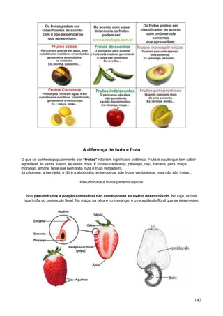 142 
A diferença de fruta e fruto 
O que se conhece popularmente por “frutas” não tem significado botânico. Fruta é aquilo que tem sabor agradável, às vezes azedo, às vezes doce. É o caso da laranja, pêssego, caju, banana, pêra, maça, morango, amora. Note que nem toda fruta é fruto verdadeiro. Já o tomate, a berinjela, o jiló e a abobrinha, entre outros, são frutos verdadeiros, mas não são frutas... 
Pseudofrutos e frutos partenocárpicos 
Nos pseudofrutos a porção comestível não corresponde ao ovário desenvolvido. No caju, ocorre hipertrofia do pedúnculo floral. Na maça, na pêra e no morango, é o receptáculo floral que se desenvolve. 
 