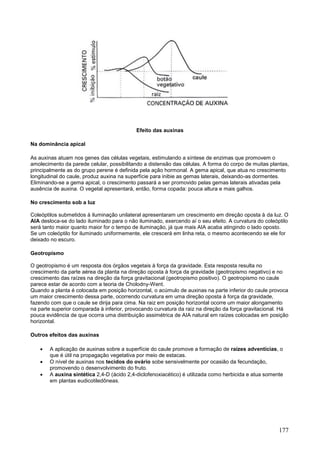 177 
Efeito das auxinas 
Na dominância apical 
As auxinas atuam nos genes das células vegetais, estimulando a síntese de enzimas que promovem o amolecimento da parede celular, possibilitando a distensão das células. A forma do corpo de muitas plantas, principalmente as do grupo perene é definida pela ação hormonal. A gema apical, que atua no crescimento longitudinal do caule, produz auxina na superfície para inibie as gemas laterais, deixando-as dormentes. Eliminando-se a gema apical, o crescimento passará a ser promovido pelas gemas laterais ativadas pela ausência de auxina. O vegetal apresentará, então, forma copada: pouca altura e mais galhos. 
No crescimento sob a luz Coleóptilos submetidos à iluminação unilateral apresentaram um crescimento em direção oposta à da luz. O AIA desloca-se do lado iluminado para o não iluminado, exercendo aí o seu efeito. A curvatura do coleóptilo será tanto maior quanto maior for o tempo de iluminação, já que mais AIA acaba atingindo o lado oposto. Se um coleóptilo for iluminado uniformemente, ele crescerá em linha reta, o mesmo acontecendo se ele for deixado no escuro. 
Geotropismo O geotropismo é um resposta dos órgãos vegetais à força da gravidade. Esta resposta resulta no crescimento da parte aérea da planta na direção oposta à força da gravidade (geotropismo negativo) e no crescimento das raízes na direção da força gravitacional (geotropismo positivo). O geotropismo no caule parece estar de acordo com a teoria de Cholodny-Went. Quando a planta é colocada em posição horizontal, o acúmulo de auxinas na parte inferior do caule provoca um maior crescimento dessa parte, ocorrendo curvatura em uma direção oposta à força da gravidade, fazendo com que o caule se dirija para cima. Na raiz em posição horizontal ocorre um maior alongamento na parte superior comparada à inferior, provocando curvatura da raiz na direção da força gravitacional. Há pouca evidência de que ocorra uma distribuição assimétrica de AIA natural em raízes colocadas em posição horizontal. 
Outros efeitos das auxinas 
 A aplicação de auxinas sobre a superfície do caule promove a formação de raízes adventícias, o que é útil na propagação vegetativa por meio de estacas. 
 O nível de auxinas nos tecidos do ovário sobe sensivelmente por ocasião da fecundação, promovendo o desenvolvimento do fruto. 
 A auxina sintética 2,4-D (ácido 2,4-diclofenoxiacético) é utilizada como herbicida e atua somente em plantas eudicotiledôneas.  