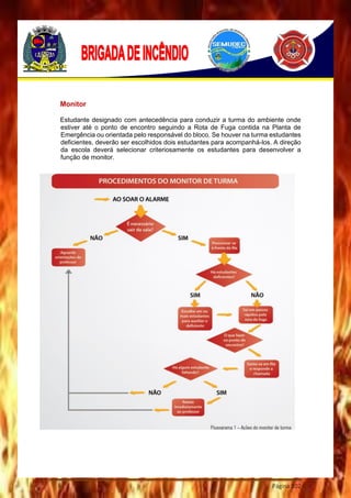Página 102
Monitor
Estudante designado com antecedência para conduzir a turma do ambiente onde
estiver até o ponto de encontro seguindo a Rota de Fuga contida na Planta de
Emergência ou orientada pelo responsável do bloco. Se houver na turma estudantes
deficientes, deverão ser escolhidos dois estudantes para acompanhá-los. A direção
da escola deverá selecionar criteriosamente os estudantes para desenvolver a
função de monitor.
 