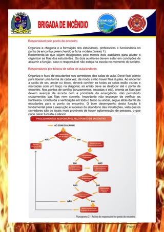 Página 103
Responsável pelo ponto de encontro
Organiza a chegada e a formação dos estudantes, professores e funcionários no
ponto de encontro preenchendo a ficha modelo (anexo 1).
Recomenda-se que sejam designados pelo menos dois auxiliares para ajudar a
organizar as filas dos estudantes. Os dois auxiliares devem estar em condições de
assumir a função, caso o responsável não esteja na escola no momento do sinistro.
Responsáveis por blocos de salas de aula/andares
Organiza o fluxo de estudantes nos corredores das salas de aula. Deve ficar atento
para liberar uma turma de cada vez, de modo a não haver filas duplas. Ao encerrar
a saída de seu andar ou bloco, deverá conferir se todas as salas estão vazias e
marcadas com um traço na diagonal, só então deve se deslocar até o ponto de
encontro. Nos pontos de conflito (cruzamentos, escadas e etc), orienta as filas que
devem avançar de acordo com a prioridade da emergência, não permitindo
cruzamentos das filas nem correria. Importante não esquecer de verificar os
banheiros. Concluída a verificação em todo o bloco ou andar, segue atrás da fila de
estudantes para o ponto de encontro. O bom desempenho desta função é
fundamental para a execução e sucesso do abandono das instalações, visto que os
corredores são os locais mais prováveis de haver aglomeração de pessoas, o que
pode gerar tumulto e pânico.
 