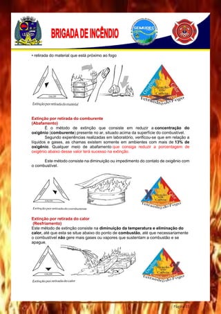 Página 33
• retirada do material que está próximo ao fogo
Extinção por retirada do comburente
(Abafamento)
É o método de extinção que consiste em reduzir a concentração do
oxigênio (comburente) presente no ar, situado acima da superfície do combustível.
Segundo experiências realizadas em laboratório, verificou-se que em relação a
líquidos e gases, as chamas existem somente em ambientes com mais de 13% de
oxigênio. Qualquer meio de abafamento que consiga reduzir a porcentagem de
oxigênio abaixo desse valor terá sucesso na extinção.
Este método consiste na diminuição ou impedimento do contato de oxigênio com
o combustível.
Extinção por retirada do calor
(Resfriamento)
Este método de extinção consiste na diminuição da temperatura e eliminação do
calor, até que esta se situe abaixo do ponto de combustão, até que necessariamente
o combustível não gere mais gases ou vapores que sustentam a combustão e se
apague.
 