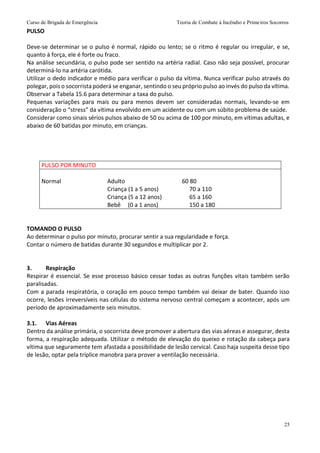 Curso de Brigada de Emergência Teoria de Combate à Incêndio e Primeiros Socorros
25
PULSO
Deve-se determinar se o pulso é normal, rápido ou lento; se o ritmo é regular ou irregular, e se,
quanto à força, ele é forte ou fraco.
Na análise secundária, o pulso pode ser sentido na artéria radial. Caso não seja possível, procurar
determiná-lo na artéria carótida.
Utilizar o dedo indicador e médio para verificar o pulso da vítima. Nunca verificar pulso através do
polegar, pois o socorrista poderá se enganar, sentindo o seu próprio pulso ao invés do pulso da vítima.
Observar a Tabela 15.6 para determinar a taxa do pulso.
Pequenas variações para mais ou para menos devem ser consideradas normais, levando-se em
consideração o “stress” da vítima envolvido em um acidente ou com um súbito problema de saúde.
Considerar como sinais sérios pulsos abaixo de 50 ou acima de 100 por minuto, em vítimas adultas, e
abaixo de 60 batidas por minuto, em crianças.
PULSO POR MINUTO
Normal Adulto 60 80
Criança (1 a 5 anos) 70 a 110
Criança (5 a 12 anos) 65 a 160
Bebê (0 a 1 anos) 150 a 180
TOMANDO O PULSO
Ao determinar o pulso por minuto, procurar sentir a sua regularidade e força.
Contar o número de batidas durante 30 segundos e multiplicar por 2.
3. Respiração
Respirar é essencial. Se esse processo básico cessar todas as outras funções vitais também serão
paralisadas.
Com a parada respiratória, o coração em pouco tempo também vai deixar de bater. Quando isso
ocorre, lesões irreversíveis nas células do sistema nervoso central começam a acontecer, após um
período de aproximadamente seis minutos.
3.1. Vias Aéreas
Dentro da análise primária, o socorrista deve promover a abertura das vias aéreas e assegurar, desta
forma, a respiração adequada. Utilizar o método de elevação do queixo e rotação da cabeça para
vítima que seguramente tem afastada a possibilidade de lesão cervical. Caso haja suspeita desse tipo
de lesão, optar pela tríplice manobra para prover a ventilação necessária.
 