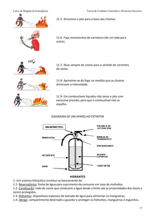 Curso de Brigada de Emergência Teoria de Combate à Incêndio e Primeiros Socorros
17
11.5- Direcione o jato para a base das chamas.
11.6- Faça movimentos de varredura (de um lado para
outro).
11.7- Atue sempre de costas para o sentido de correntes
de vento.
11.8- Aproxime-se do fogo na medida que as chamas
diminuem a intensidade.
11.9- Em combustíveis líquidos não lance o jato com
excessiva pressão, para que o combustível não se
espalhe.
DIAGRAMA DE UM APARELHO EXTINTOR
HIDRANTES
1- Um sistema hidráulico constitui-se basicamente de:
1.1- Reservatórios: fonte de água para suprimento de consumo em caso de incêndios.
1.2- Canalização: rede de canos que conduzem a água desde a fonte até as proximidades dos locais a
serem protegidos.
1.3- Hidrantes: dispositivos especiais de tomada de água para alimentar as mangueiras.
1.4- Abrigo: compartimento destinado a guardar e proteger os hidrantes, mangueiras e esguichos.
 