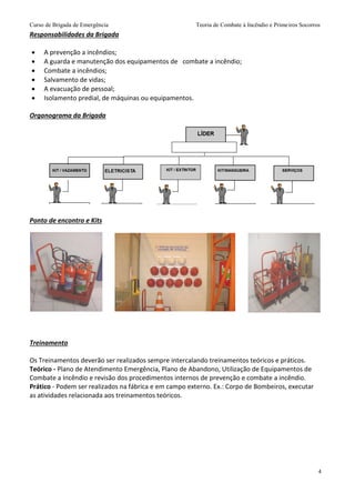 Curso de Brigada de Emergência Teoria de Combate à Incêndio e Primeiros Socorros
4
Responsabilidades da Brigada
 A prevenção a incêndios;
 A guarda e manutenção dos equipamentos de combate a incêndio;
 Combate a incêndios;
 Salvamento de vidas;
 A evacuação de pessoal;
 Isolamento predial, de máquinas ou equipamentos.
Organograma da Brigada
Ponto de encontro e Kits
Treinamento
Os Treinamentos deverão ser realizados sempre intercalando treinamentos teóricos e práticos.
Teórico - Plano de Atendimento Emergência, Plano de Abandono, Utilização de Equipamentos de
Combate a Incêndio e revisão dos procedimentos internos de prevenção e combate a incêndio.
Prático - Podem ser realizados na fábrica e em campo externo. Ex.: Corpo de Bombeiros, executar
as atividades relacionada aos treinamentos teóricos.
 