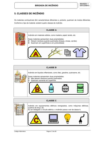 Colégio Alternativo Página 13 de 56
BRIGADA DE INCÊNDIO
REVISÃO: 1
DATA:24/08/12
5. CLASSES DE INCÊNDIO
Os materiais combustíveis têm características diferentes e, portanto, queimam de modos diferentes.
Conforme o tipo de material, existem quatro classes de incêndio.
CLASSE A
Incêndio em materiais sólidos, como madeira, papel, tecido, etc.
Esses materiais apresentam duas propriedades:
Deixam resíduos quando queimados (brasas, cinzas, carvão).
Queimam em superfícies e em profundidade
CLASSE B
Incêndio em líquidos inflamáveis, como óleo, gasolina, querosene, etc.
Esses materiais apresentam duas propriedades:
Não deixam resíduos quando queimados.
Queimam somente em superfície.
CLASSE C
Incêndio em equipamentos elétricos energizados, como máquinas elétricas,
quadros de força, etc.
Ao ser desligado o circuito elétrico, o incêndio passa a ser de classe A.
 