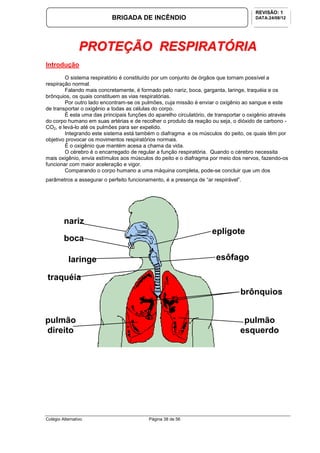 Colégio Alternativo Página 38 de 56
BRIGADA DE INCÊNDIO
REVISÃO: 1
DATA:24/08/12
PPRROOTTEEÇÇÃÃOO RREESSPPIIRRAATTÓÓRRIIAA
Introdução
O sistema respiratório é constituído por um conjunto de órgãos que tornam possível a
respiração normal.
Falando mais concretamente, é formado pelo nariz, boca, garganta, laringe, traquéia e os
brônquios, os quais constituem as vias respiratórias.
Por outro lado encontram-se os pulmões, cuja missão é enviar o oxigênio ao sangue e este
de transportar o oxigênio a todas as células do corpo.
É esta uma das principais funções do aparelho circulatório, de transportar o oxigênio através
do corpo humano em suas artérias e de recolher o produto da reação ou seja, o dióxido de carbono -
CO2, e levá-lo até os pulmões para ser expelido.
Integrando este sistema está também o diafragma e os músculos do peito, os quais têm por
objetivo provocar os movimentos respiratórios normais.
É o oxigênio que mantém acesa a chama da vida.
O cérebro é o encarregado de regular a função respiratória. Quando o cérebro necessita
mais oxigênio, envia estímulos aos músculos do peito e o diafragma por meio dos nervos, fazendo-os
funcionar com maior aceleração e vigor.
Comparando o corpo humano a uma máquina completa, pode-se concluir que um dos
parâmetros a assegurar o perfeito funcionamento, é a presença de “ar respirável”.
nariz
boca
laringe
traquéia
pulmão
direito
pulmão
esquerdo
brônquios
epligote
esôfago
 
