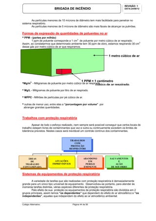 Colégio Alternativo Página 44 de 56
BRIGADA DE INCÊNDIO
REVISÃO: 1
DATA:24/08/12
As partículas menores de 10 mícrons de diâmetro tem mais facilidade para penetrar no
sistema respiratório.
As partículas menores de 5 mícrons de diâmetro são mais fáceis de alcançar os pulmões.
Formas de expressão de quantidades de poluentes no ar
• PPM - (partes por milhão)
1 ppm de poluente corresponde a 1 cm
3
de poluente por metro cúbico de ar respirado.
Assim, ao constatarmos que determinado ambiente tem 30 ppm de cloro, estamos respirando 30 cm
3
desse gás por metro cúbico de ar que respiramos.
•Mg/m
3
- Miligramas de poluente por metro cúbico de ar respirado.
• Mg/L - Miligramas de poluente por litro de ar respirado.
• MPPC - Milhões de partículas por pé cúbico de ar.
• outras de menor uso, entre elas a “porcentagem por volume” por
abranger grandes quantidades.
Trabalhos com proteção respiratória
Apesar de todo o esforço realizado, nem sempre será possível conseguir que certos locais de
trabalho estejam livres de contaminantes que vez e outra ou continuamente excedem os limites de
tolerância previstos. Nestes casos será inevitável um controle contínuo dos contaminantes.
Sistemas de equipamentos de proteção respiratória
A variedade de tarefas que são realizadas com proteção respiratória é demasiadamente
grande para um único tipo universal de equipamento. Desenvolveu-se portanto, para atender às
inúmeras tarefas distintas, várias espécies diferentes de proteção respiratória.
Pelo efeito de sua proteção os equipamentos de proteção respiratória são divididos em 2
grupos principais, assim temos “os dependentes” que dependem do efeito do ar atmosférico e “os
independentes”, aqueles que independem do efeito ao ar atmosférico ambiental.
1 metro cúbico de ar
1 PPM = 1 centímetro
cúbico de ar respirado
TRABALHOS
COM
PROTEÇÃO
RESPIRATÓRI
A
ÁREAS
DE
TRABALHO
CONTAMINADA
S
ATUAÇÕES
IMPREVISÍVEIS
ABANDONO
EM
PERIGO
EMINENTE
SALVAMENTOS
E
AÇÃO
DE SOCORRO
 