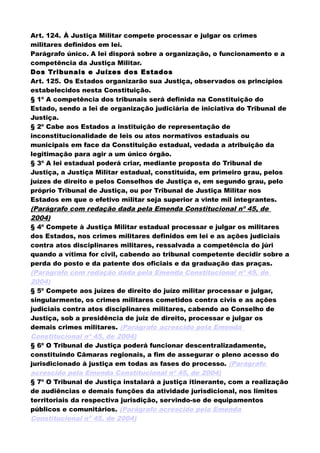 Art. 124. À Justiça Militar compete processar e julgar os crimes
militares definidos em lei.
Parágrafo único. A lei disporá sobre a organização, o funcionamento e a
competência da Justiça Militar.
Dos Tribunais e Juízes dos Estados
Art. 125. Os Estados organizarão sua Justiça, observados os princípios
estabelecidos nesta Constituição.
§ 1º A competência dos tribunais será definida na Constituição do
Estado, sendo a lei de organização judiciária de iniciativa do Tribunal de
Justiça.
§ 2º Cabe aos Estados a instituição de representação de
inconstitucionalidade de leis ou atos normativos estaduais ou
municipais em face da Constituição estadual, vedada a atribuição da
legitimação para agir a um único órgão.
§ 3º A lei estadual poderá criar, mediante proposta do Tribunal de
Justiça, a Justiça Militar estadual, constituída, em primeiro grau, pelos
juízes de direito e pelos Conselhos de Justiça e, em segundo grau, pelo
próprio Tribunal de Justiça, ou por Tribunal de Justiça Militar nos
Estados em que o efetivo militar seja superior a vinte mil integrantes.
(Parágrafo com redação dada pela Emenda Constitucional nº 45, de
2004)
§ 4º Compete à Justiça Militar estadual processar e julgar os militares
dos Estados, nos crimes militares definidos em lei e as ações judiciais
contra atos disciplinares militares, ressalvada a competência do júri
quando a vítima for civil, cabendo ao tribunal competente decidir sobre a
perda do posto e da patente dos oficiais e da graduação das praças.
(Parágrafo com redação dada pela Emenda Constitucional nº 45, de
2004)
§ 5º Compete aos juízes de direito do juízo militar processar e julgar,
singularmente, os crimes militares cometidos contra civis e as ações
judiciais contra atos disciplinares militares, cabendo ao Conselho de
Justiça, sob a presidência de juiz de direito, processar e julgar os
demais crimes militares. (Parágrafo acrescido pela Emenda
Constitucional nº 45, de 2004)
§ 6º O Tribunal de Justiça poderá funcionar descentralizadamente,
constituindo Câmaras regionais, a fim de assegurar o pleno acesso do
jurisdicionado à justiça em todas as fases do processo. (Parágrafo
acrescido pela Emenda Constitucional nº 45, de 2004)
§ 7º O Tribunal de Justiça instalará a justiça itinerante, com a realização
de audiências e demais funções da atividade jurisdicional, nos limites
territoriais da respectiva jurisdição, servindo-se de equipamentos
públicos e comunitários. (Parágrafo acrescido pela Emenda
Constitucional nº 45, de 2004)
 