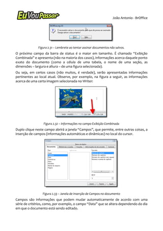 João Antonio - BrOffice




              Figura 2.31 – Lembrete ao tentar assinar documentos não salvos.
O próximo campo da barra de status é o maior em tamanho. É chamado “Exibição
Combinada” e apresenta (não na maioria dos casos), informações acerca daquele ponto
exato do documento (como a célula de uma tabela, o nome de uma seção, as
dimensões – largura e altura – de uma figura selecionada).
Ou seja, em certos casos (não muitos, é verdade), serão apresentadas informações
pertinentes ao local atual. Observe, por exemplo, na figura a seguir, as informações
acerca de uma certa imagem selecionada no Writer:




                  Figura 2.32 – Informações no campo Exibição Combinada
Duplo clique neste campo abrirá a janela “Campos”, que permite, entre outras coisas, a
inserção de campos (informações automáticas e dinâmicas) no local do cursor.




                 Figura 2.33 – Janela de inserção de Campos no documento
Campos são informações que podem mudar automaticamente de acordo com uma
série de critérios, como, por exemplo, o campo “Data” que se altera dependendo do dia
em que o documento está sendo editado.
 