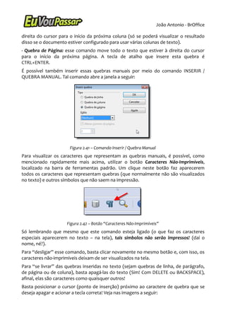 João Antonio - BrOffice

direita do cursor para o início da próxima coluna (só se poderá visualizar o resultado
disso se o documento estiver configurado para usar várias colunas de texto).
- Quebra de Página: esse comando move todo o texto que estiver à direita do cursor
para o início da próxima página. A tecla de atalho que insere esta quebra é
CTRL+ENTER.
É possível também inserir essas quebras manuais por meio do comando INSERIR /
QUEBRA MANUAL. Tal comando abre a janela a seguir:




                      Figura 2.41 – Comando Inserir / Quebra Manual
Para visualizar os caracteres que representam as quebras manuais, é possível, como
mencionado rapidamente mais acima, utilizar o botão Caracteres Não-Imprimíveis,
localizado na barra de ferramentas padrão. Um clique neste botão faz aparecerem
todos os caracteres que representam quebras (que normalmente não são visualizados
no texto) e outros símbolos que não saem na impressão.




                     Figura 2.42 – Botão “Caracteres Não-Imprimíveis”
Só lembrando que mesmo que este comando esteja ligado (o que faz os caracteres
especiais aparecerem no texto – na tela), tais símbolos não serão impressos! (daí o
nome, né?).
Para “desligar” esse comando, basta clicar novamente no mesmo botão e, com isso, os
caracteres não-imprimíveis deixam de ser visualizados na tela.
Para “se livrar” das quebras inseridas no texto (sejam quebras de linha, de parágrafo,
de página ou de coluna), basta apagá-las do texto (Sim! Com DELETE ou BACKSPACE),
afinal, elas são caracteres como quaisquer outros!
Basta posicionar o cursor (ponto de inserção) próximo ao caractere de quebra que se
deseja apagar e acionar a tecla correta! Veja nas imagens a seguir:
 