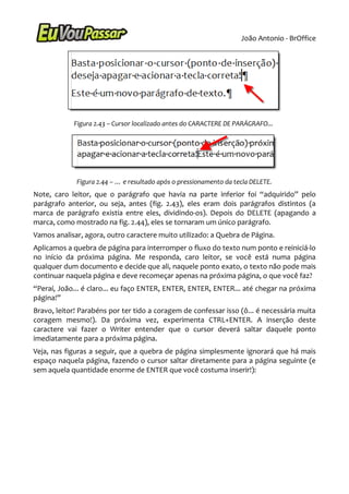 João Antonio - BrOffice




            Figura 2.43 – Cursor localizado antes do CARACTERE DE PARÁGRAFO...




             Figura 2.44 – … e resultado após o pressionamento da tecla DELETE.
Note, caro leitor, que o parágrafo que havia na parte inferior foi “adquirido” pelo
parágrafo anterior, ou seja, antes (fig. 2.43), eles eram dois parágrafos distintos (a
marca de parágrafo existia entre eles, dividindo-os). Depois do DELETE (apagando a
marca, como mostrado na fig. 2.44), eles se tornaram um único parágrafo.
Vamos analisar, agora, outro caractere muito utilizado: a Quebra de Página.
Aplicamos a quebra de página para interromper o fluxo do texto num ponto e reiniciá-lo
no início da próxima página. Me responda, caro leitor, se você está numa página
qualquer dum documento e decide que ali, naquele ponto exato, o texto não pode mais
continuar naquela página e deve recomeçar apenas na próxima página, o que você faz?
“Peraí, João... é claro... eu faço ENTER, ENTER, ENTER, ENTER... até chegar na próxima
página!”
Bravo, leitor! Parabéns por ter tido a coragem de confessar isso (ô... é necessária muita
coragem mesmo!). Da próxima vez, experimenta CTRL+ENTER. A inserção deste
caractere vai fazer o Writer entender que o cursor deverá saltar daquele ponto
imediatamente para a próxima página.
Veja, nas figuras a seguir, que a quebra de página simplesmente ignorará que há mais
espaço naquela página, fazendo o cursor saltar diretamente para a página seguinte (e
sem aquela quantidade enorme de ENTER que você costuma inserir!):
 